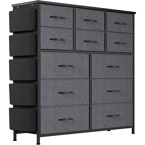 Jojoka Dresser for Bedroom with 12 Drawer, Dressers & Chests of Drawers for Hallway, Entryway, Storage Organizer Unit with Fabric, Sturdy Metal Frame, Wood Tabletop, Easy Pull Handle… (Gray)