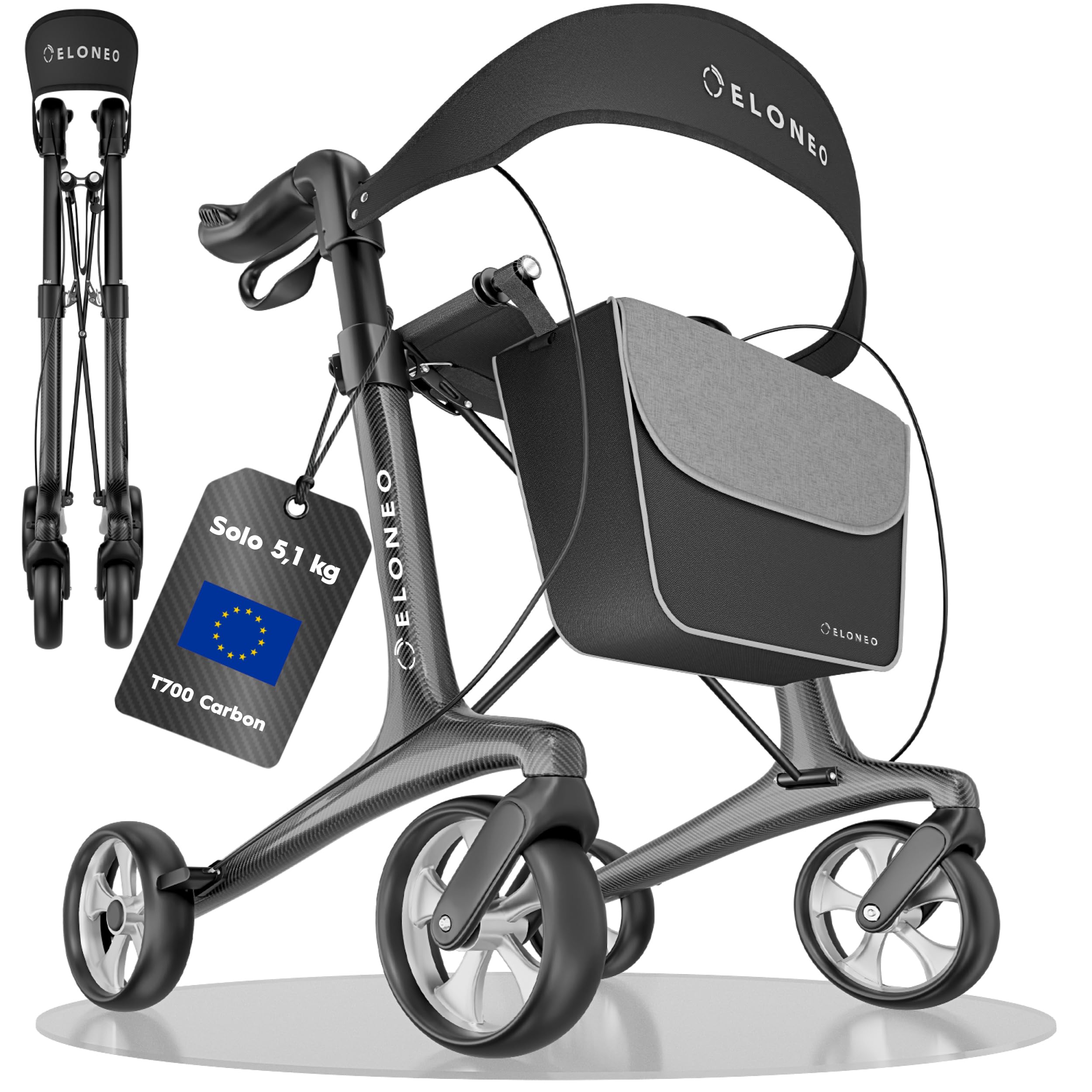 Carbon Rollator pieghevole leggero con seduta, rollator da viaggio ultraleggero 5,1 kg, ausilio per la deambulazione per anziani regolabile in altezza su 9 livelli, deambulatore pieghevole, con borsa