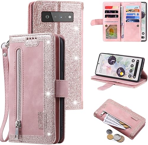 Funda tipo cartera retro para Google Pixel 6 Pro, 9 tarjetero con cremallera, cierre magnético de cuero, función atril con correa para la muñeca,