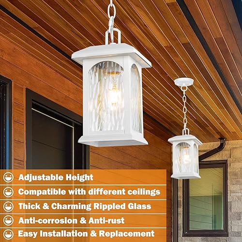 Miniatura 3 de Lámpara colgante blanca para exteriores  Lámparas colgantes exteriores ajustables, luz de porche impermeable con vidrio ondulado, moderna lámpara