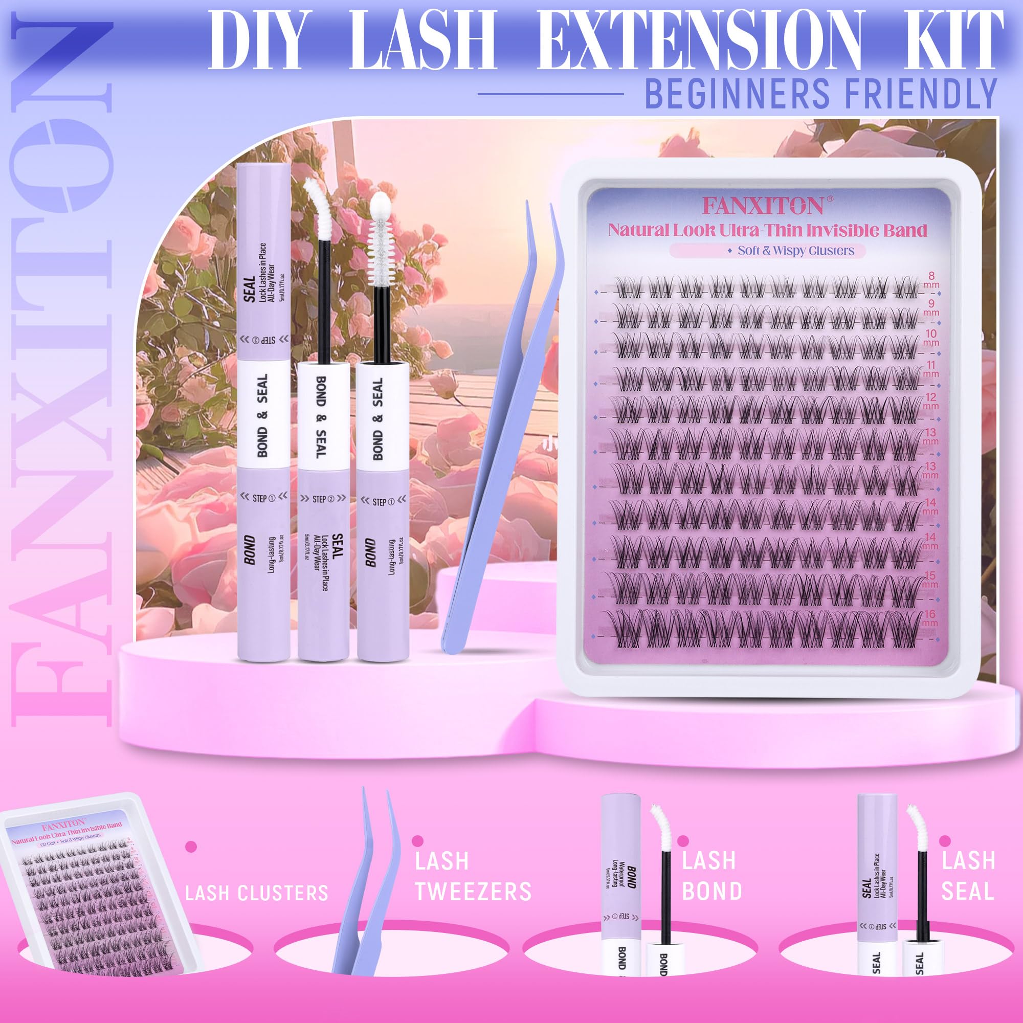 FANXITON DIY Individual Eyelash Extension Kit, Thick Volume Lash Clusters 40D+50D D Curvature, 280 Pieces Thin Band Cluster Lashes with Bond and Seal Tweezers