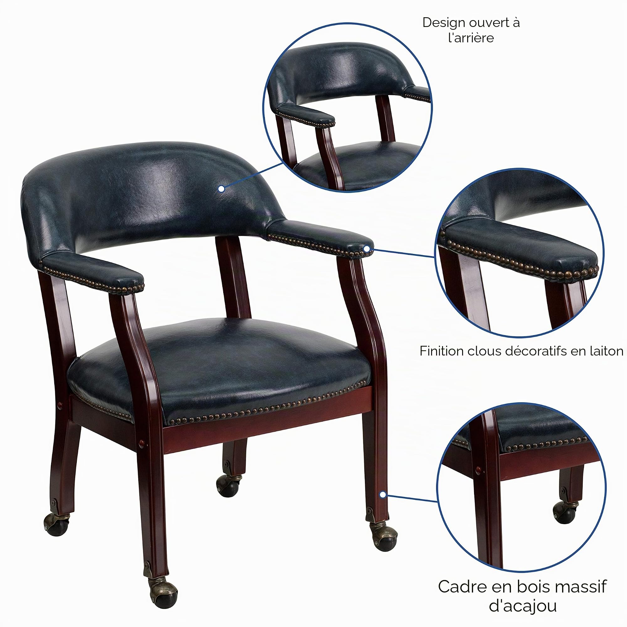 Flash Furniture Chaise de conférence avec Bordure cloutée et roulettes, Bois, Vinyle Bleu Marine, Lot de 1