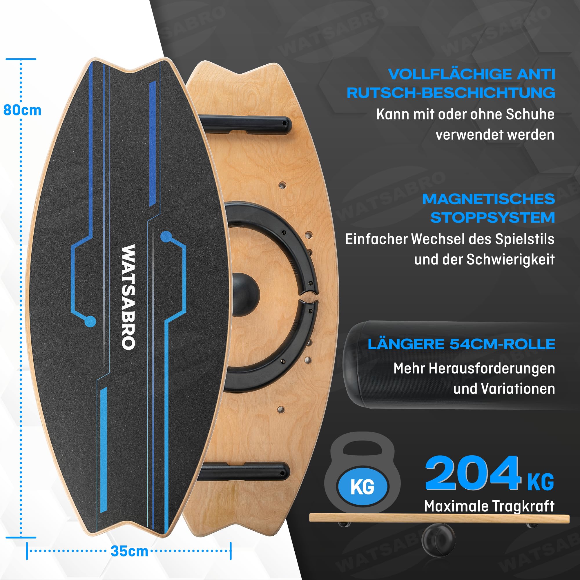 WATSABRO Balance Board, Surf Balance Board mit Verstellbaren Stoppern | Rutschfest Gleichgewichtstrainer für Einsteiger & Profis, Echtholz Balanceboard für Kinder Erwachsene inklusive Rolle & Ball