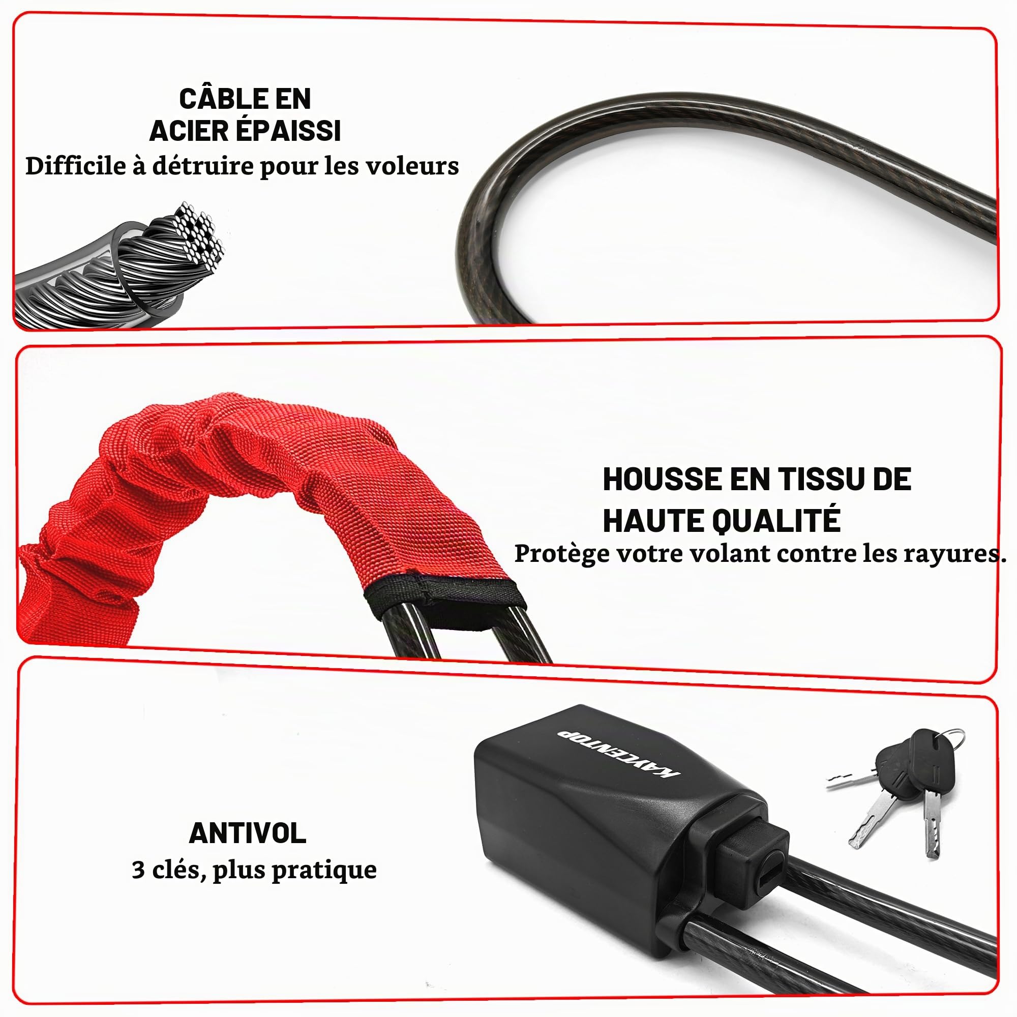KAYCENTOP Verrou de volant de voiture - Dispositif antivol - Longueur maximale : 43,2 cm - Petit et léger - Multifonctionnel - S'adapte à la plupart des véhicules, SUV, voiturettes de golf - Rouge