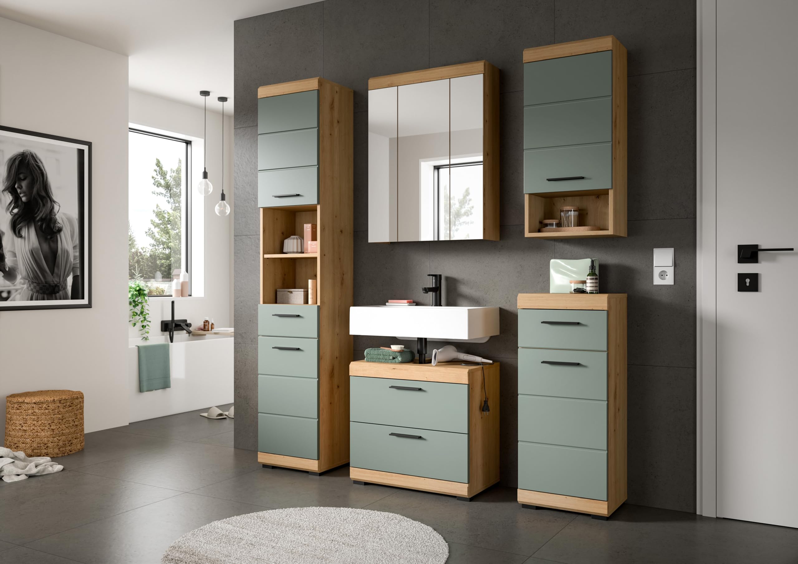 xonox.home Bad Scout X06N3707 Waschbeckenunterschrank Unterschrank Waschschrank in Salbei und Artisan Eiche Nachbildung – Bild 5