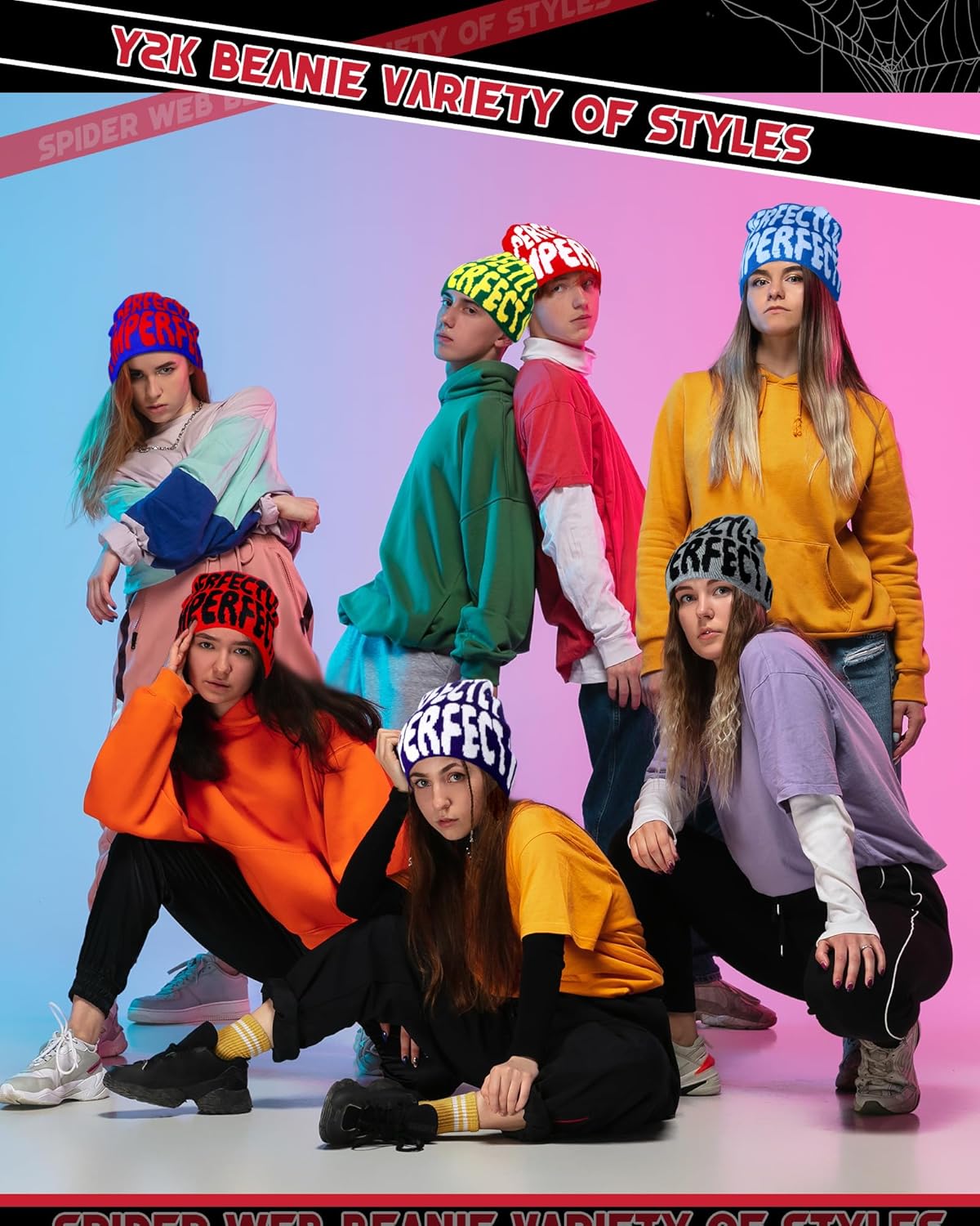 Toulite 12 Pieces Y2K Spider Web Beanie Gothic Graphic Beanies Outdoor Winter Warm Knitted Hat for Men Women - Image 5