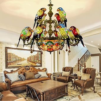 12 Parrot Tiffany Style Chandelier European Retro Parrot Design Stained Glass Pendant Lights Creative Crystal Hanging Ceiling Lamp for Living Room Kitchen Dining Room Hotel Bedroom Bar Loft
