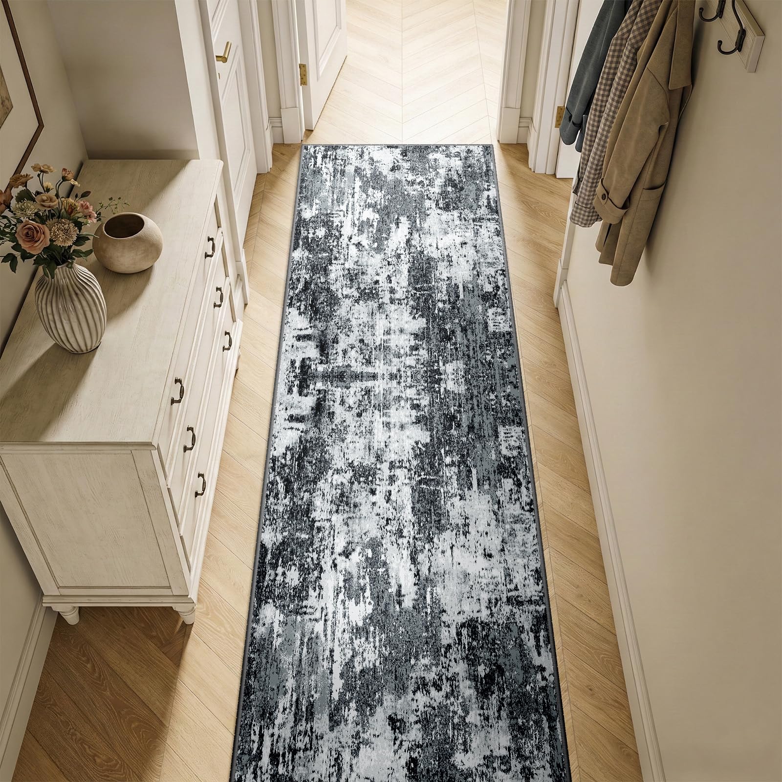 DEFYNEE Modern Abstract Rugs Living Room 60x300 cm Non-Slip Soft Low-Pile Washable Rug for Hallway, Bedroom, and Office-Black โ image 1