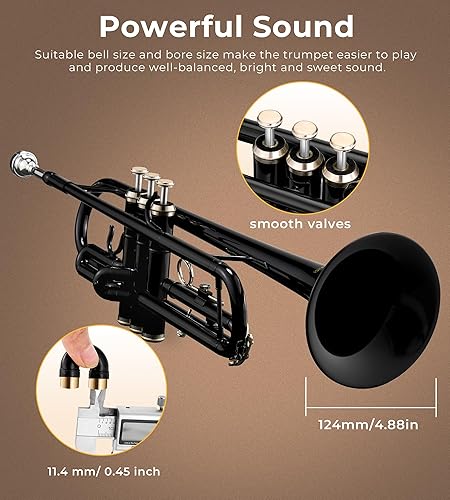 Miniatura 9 de Trompeta, trompeta estándar Bb Latón Plata Estudiante Trompeta Instrumento para la Banda Escolar Orquesta Principiantes Adultos con Estuche Duro,