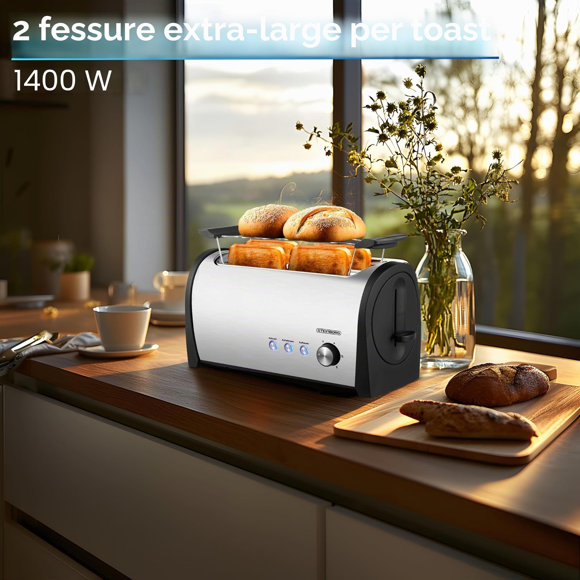 Steinborg Tostapane a 4 fette con inserto per panino, XXL, in acciaio inox, blu, illuminazione a LED, spegnimento automatico, tostapane doppio, tostapane per famiglie