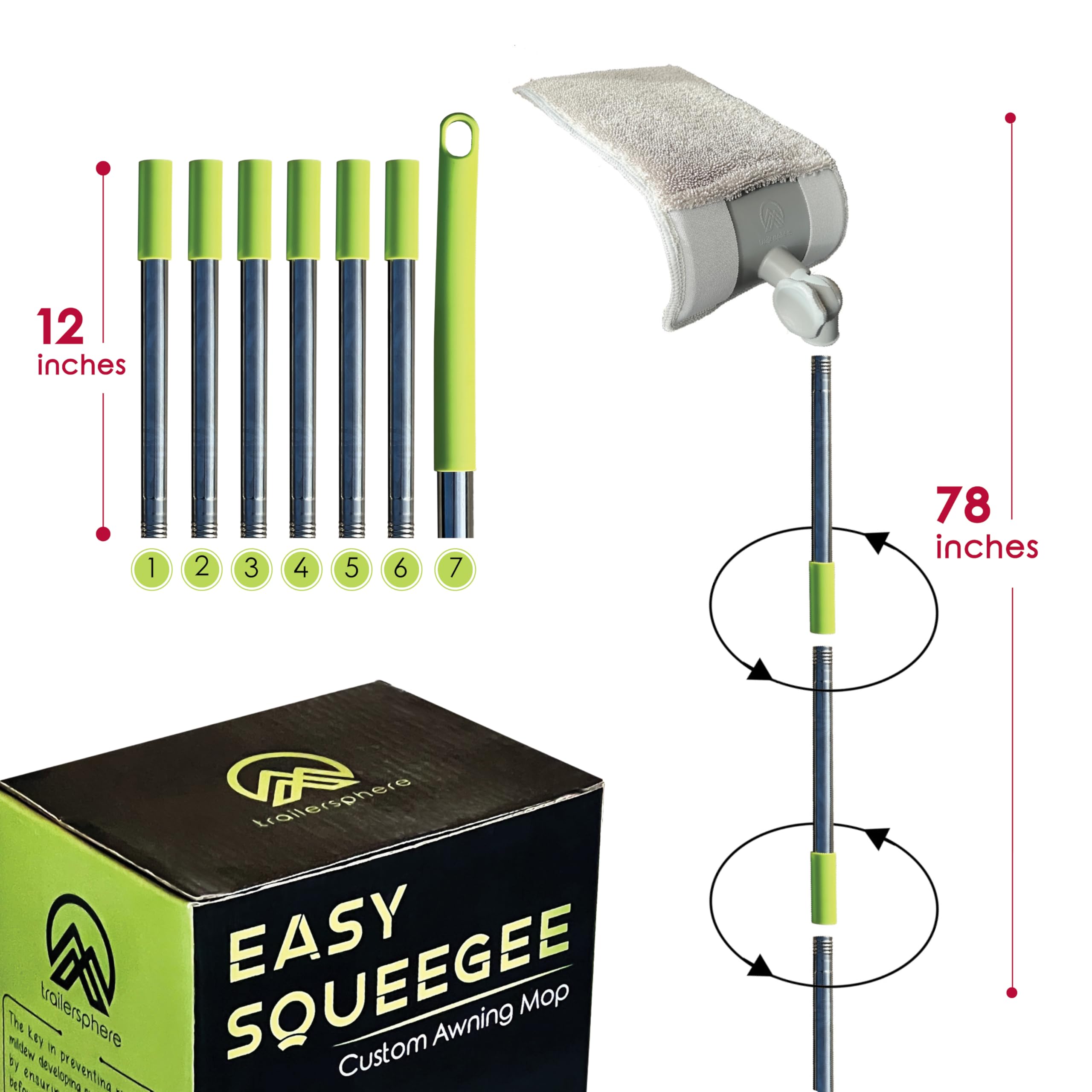 Easy Squeegee - Mopa Profesional Personalizada para toldo de casa rodante y hogar, Cabezal Giratorio y bloqueable, Poste Extensible con Almohadilla de fregona de Doble Cara, Almohadilla