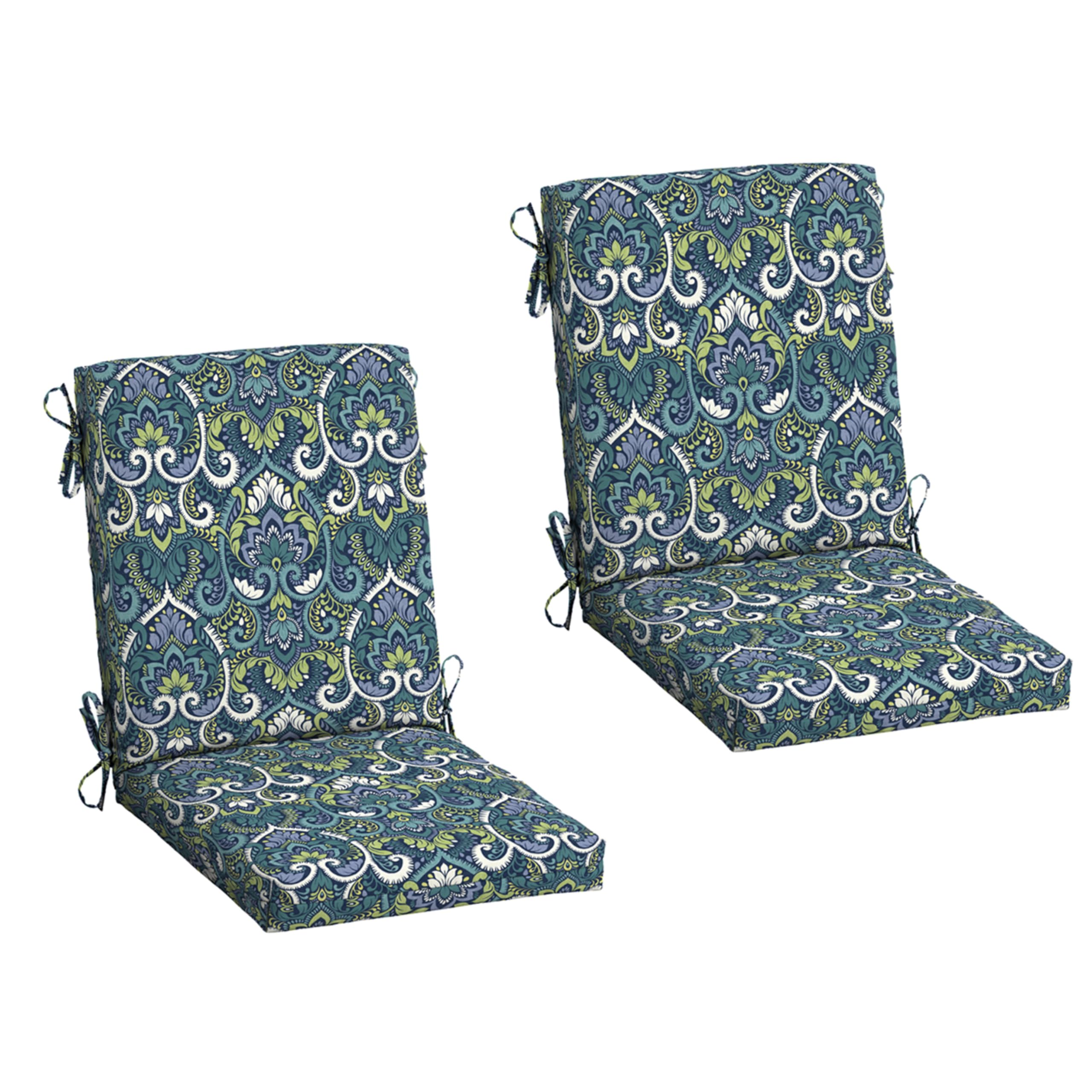Arden Outdoor Dining Chair Cushion, 2-Pack, 20x44, Blue Damask | Rain-Proof Seat Pad, Fade-Resistant, Mold and Mildew Resistant