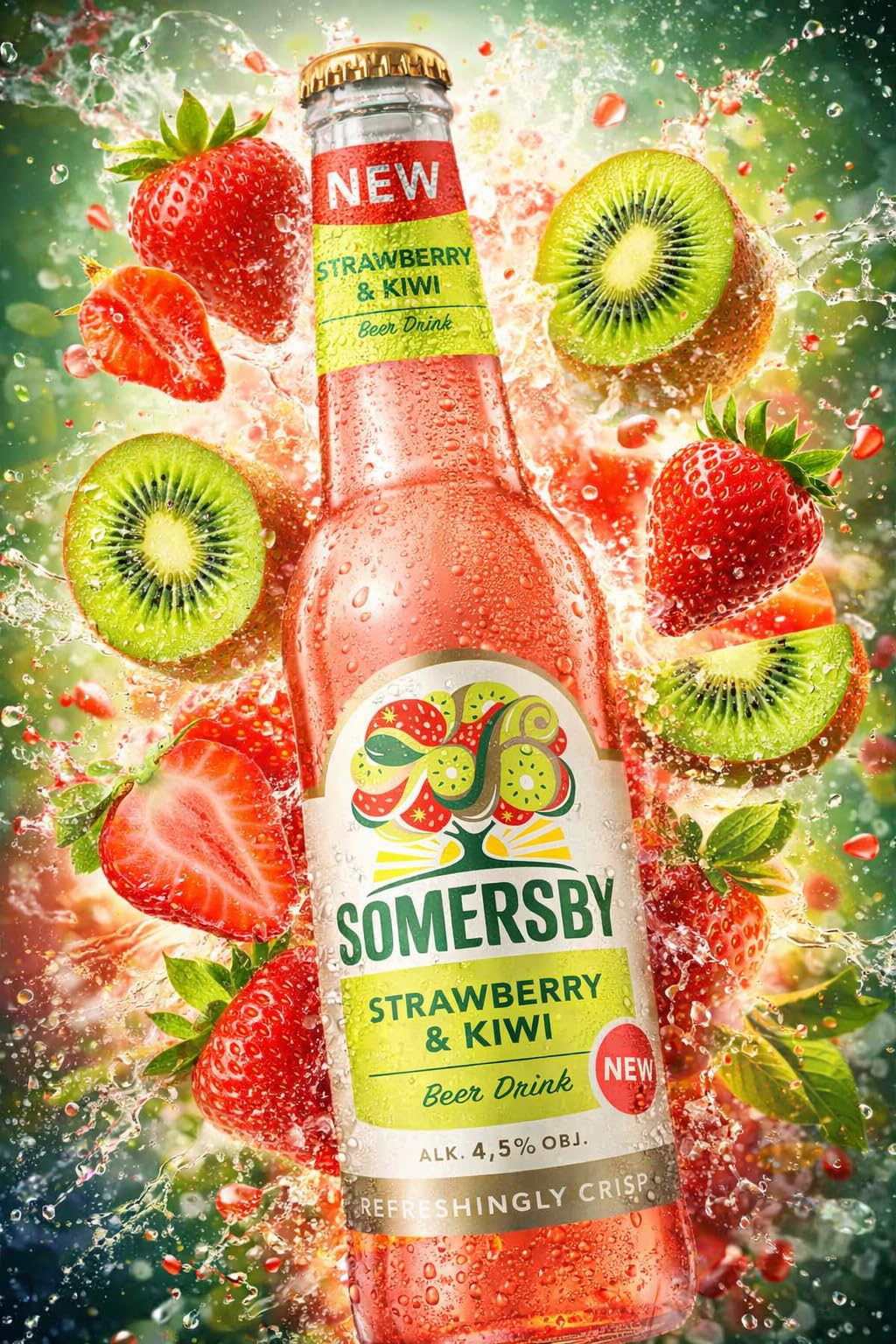 Somersby Strawberry & Kiwi Biermischgetränk, 4,5% Vol, 12 x 0,4 l Flaschen, Erdbeere & Kiwi, Ready to Drink