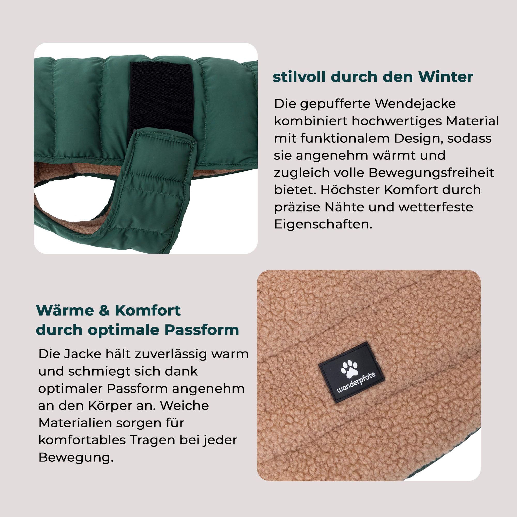 Hundemantel Beidseitig Tragbar, Puffer-Design – Cozy Sherpa Fell oder Moderne Puffer-Jacke - Wendbare Hundejacke, Hunde Wintermantel (Grün/Beige, 30)