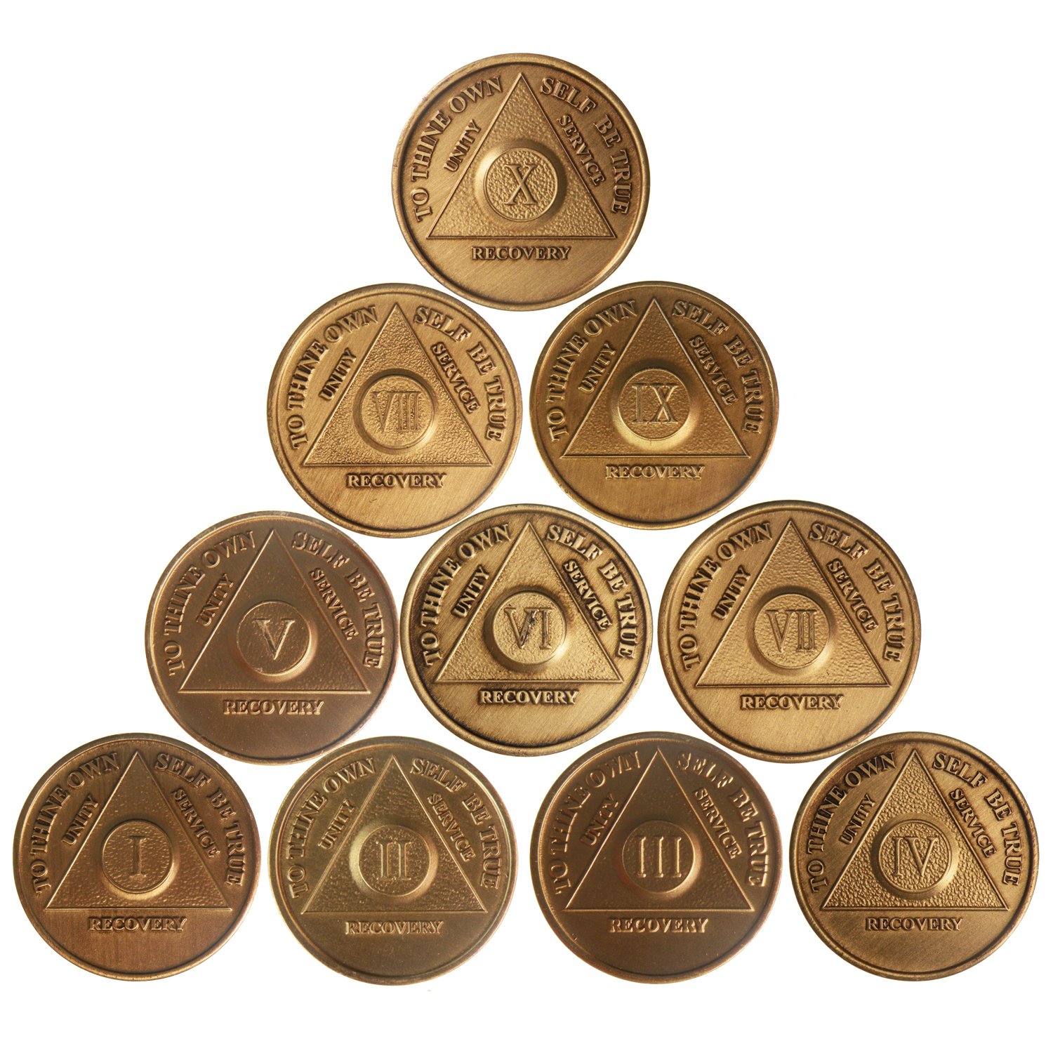 Wendells AA Alcoholics Anonymous Bronze Medallion Set Year 1-10 Serenity Prayer Medallions Chips Years 1 2 3 4 5 6 7 8 9 10