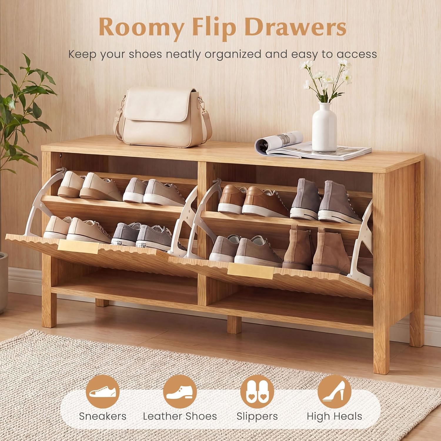 Giantex Shoe Storage Bench with 2 Flip Drawers, Wooden Entryway Bench with Storage, Fluted Doors, Adjustable Shelves, Hidden Shoe Cabinet for Entry Way, Hallway, Foyer, Living Room (Natural+Gold)