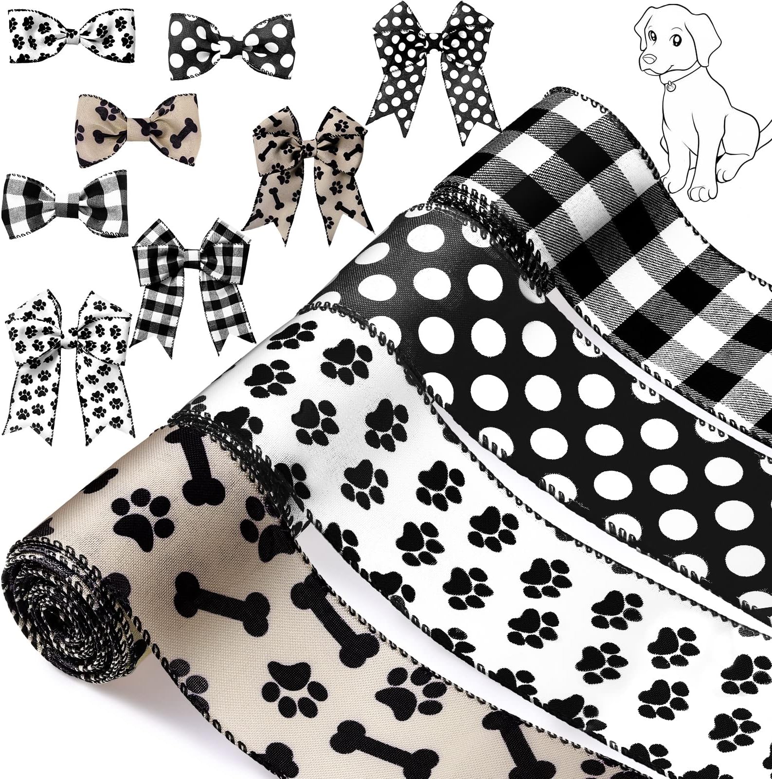 Dog Paw Print Wired Ribbon, Black and Grey Paw Ribbon with