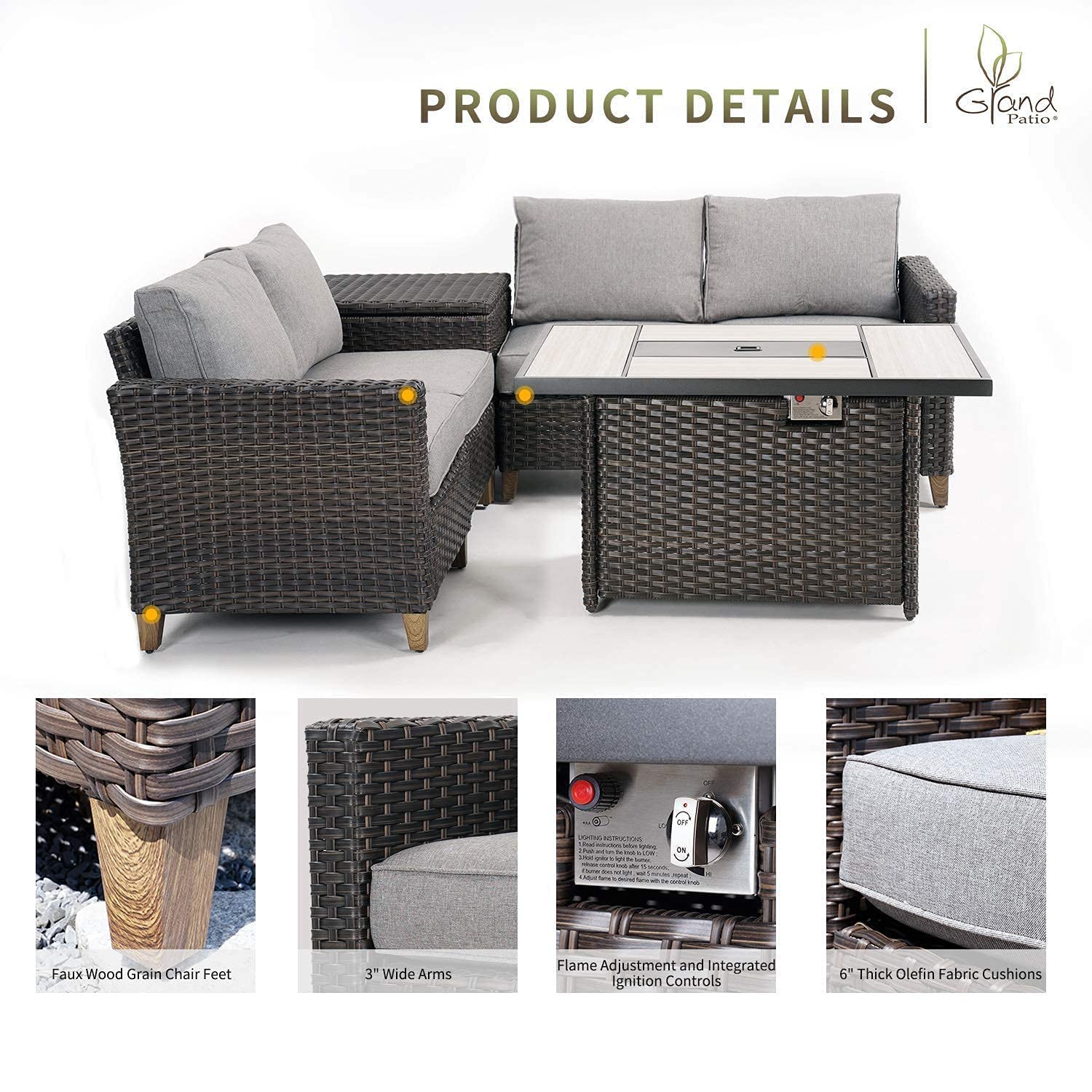 Grand Patio Sofa Sets 6 Pieces Conversation Set with Fire Pit Table, PE