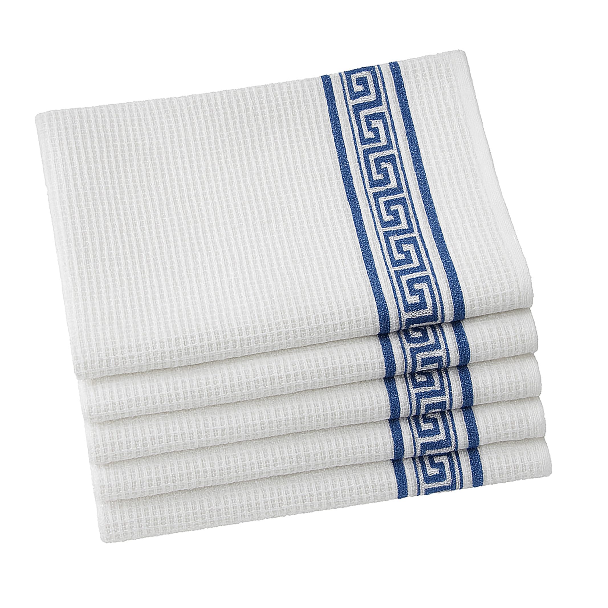 Attica Tracery 5 Pack Waffle Cotton Kitchen Tea Towels White 60x38 cm Highly Absorbent Dish Towels for Cleaning Dishes, Countertop Reusable Cloth Napkins Quick Dry Hand Towels (Blue Border)