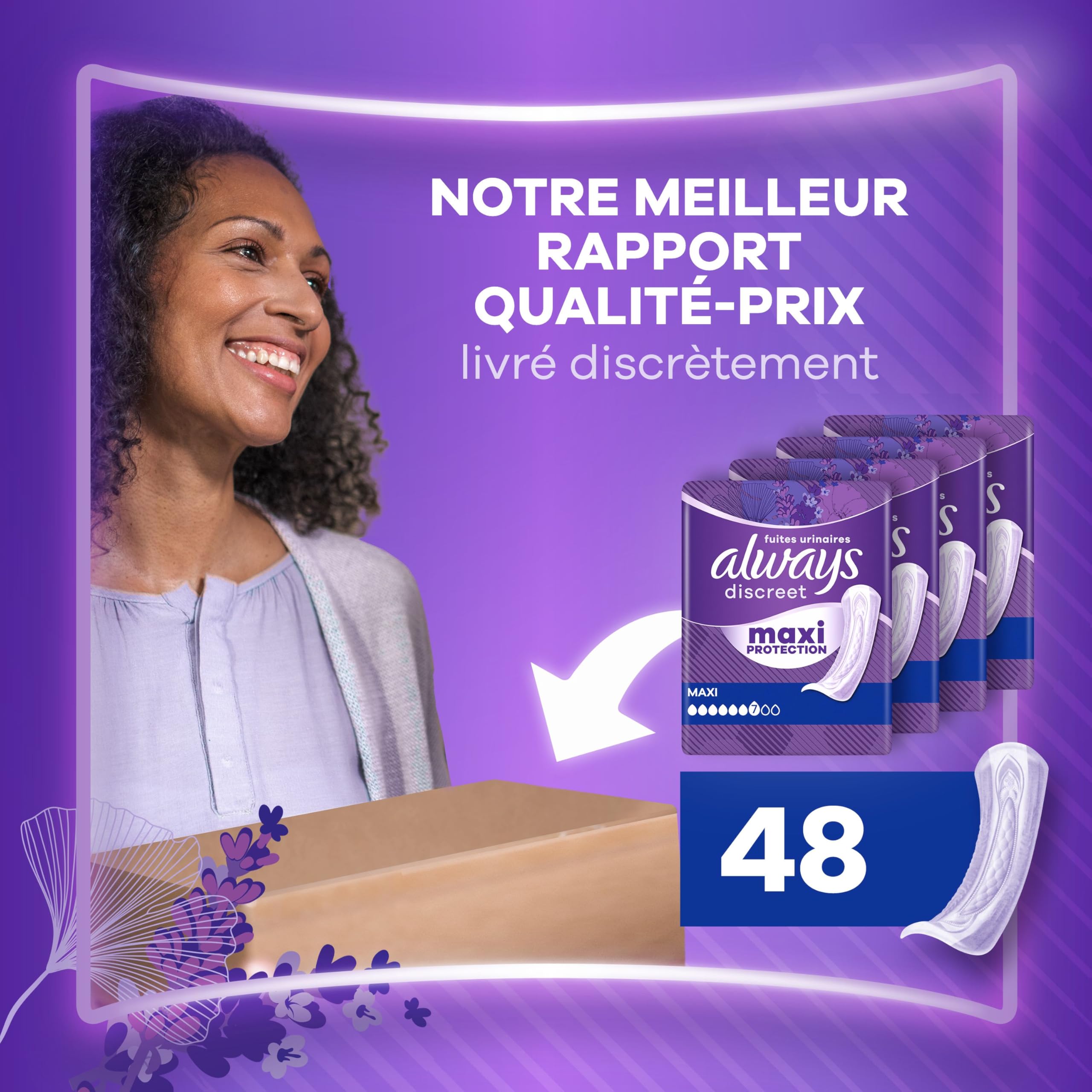 Always Discreet Serviettes Pour Fuites Urinaires Femmes, Maxi Protection, Absorption 7, 48 Serviettes, Extra Sûre, Retiennent Les Odeurs, Pack 1 Mois