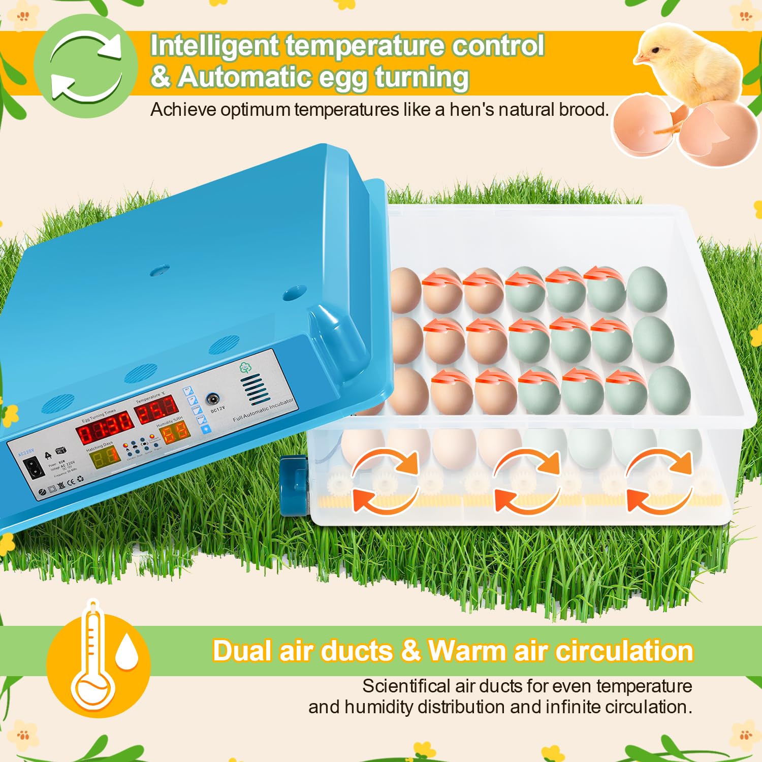 Randaco Incubadora totalmente automática, incubadora para pollos, incubadora con pantalla LED, control de temperatura, sistema de rotación automático, iluminación LED (64 huevos)