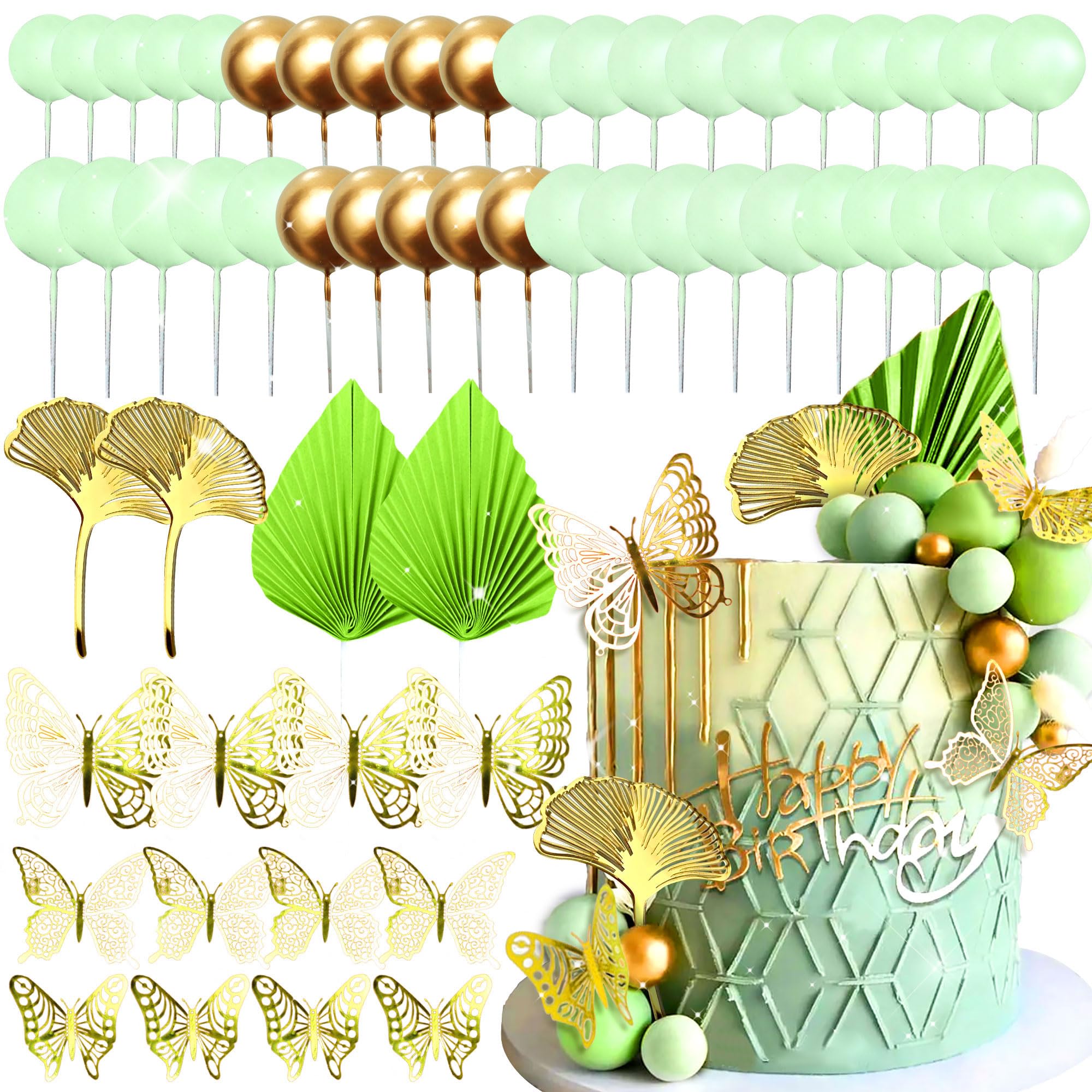 JeVenis Sage Green Rose Cake Decoration Balls Cake Decoration Gold Palm Leaves Cake Decoration Bohemian Cake Decoration Boho Cake Decoration White Gold Ball Cake Decoration Boho Party Supplies