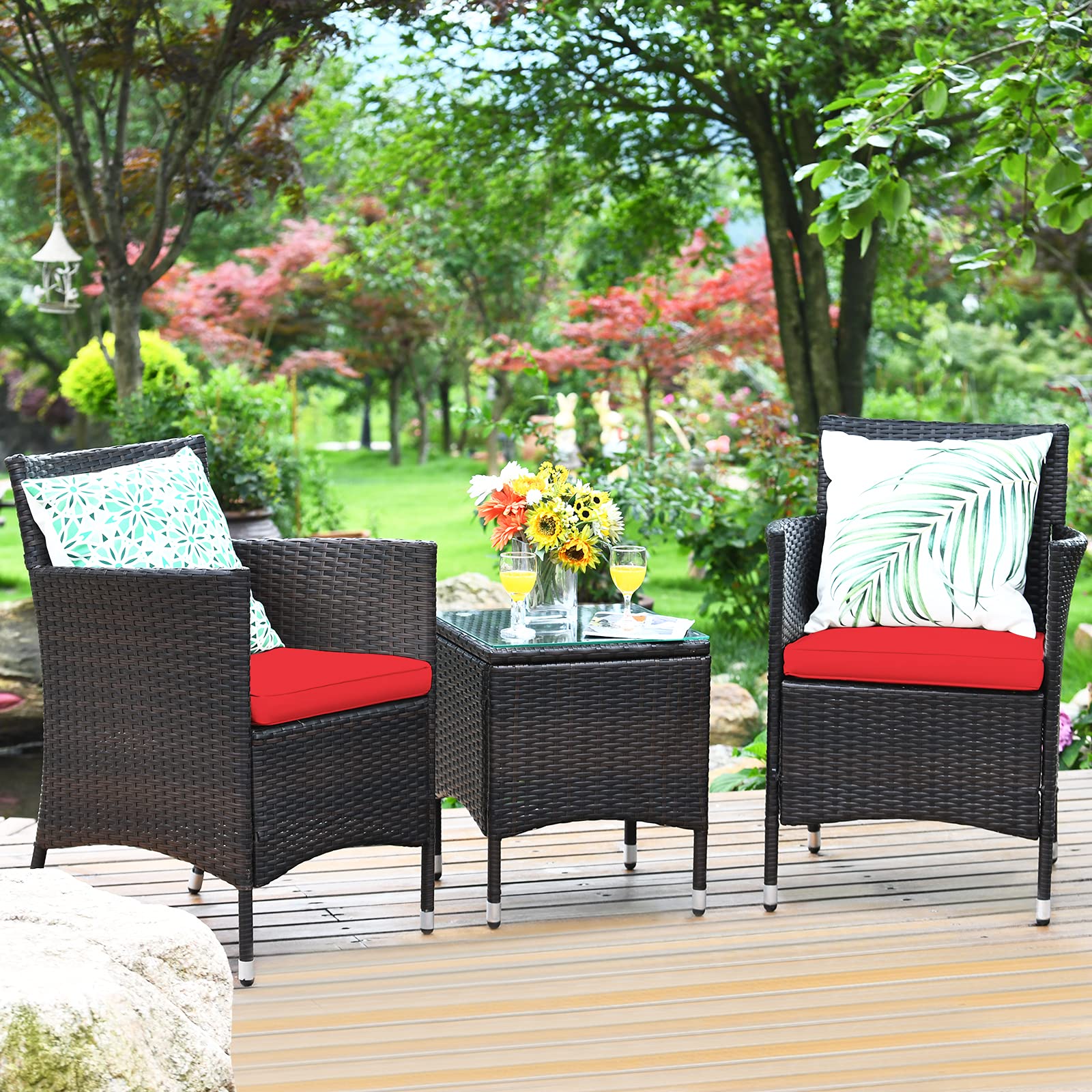 COSTWAY Outdoor 3 PCS PE Rattan Wicker Furniture Sets Chairs Coffee Table Garden Red