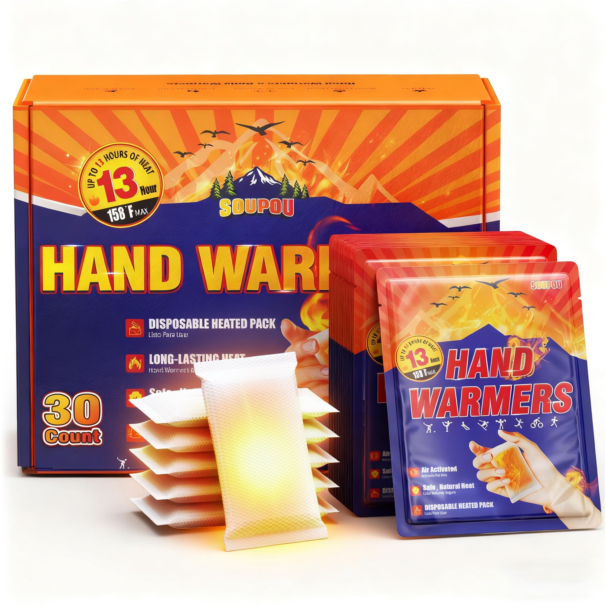 Soupou Hand Warmers Disposable 200/150/100/50/30 pcs, Up to 13 Hours of Heat Body Warmers, Air Activated Bulk Hand Warmers for Women Men, Gifts for Christmas, Golf Hunting Camping Essentials