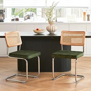 Ensemble de 2 chaises de salle à manger en rotin vert Grandnoor, chaises de cuisine en velours en bois de style moderne du milieu du siècle, chaises de salle à manger en osier avec dossier en maille, chaise de design Cesca avec pieds en métal chromé