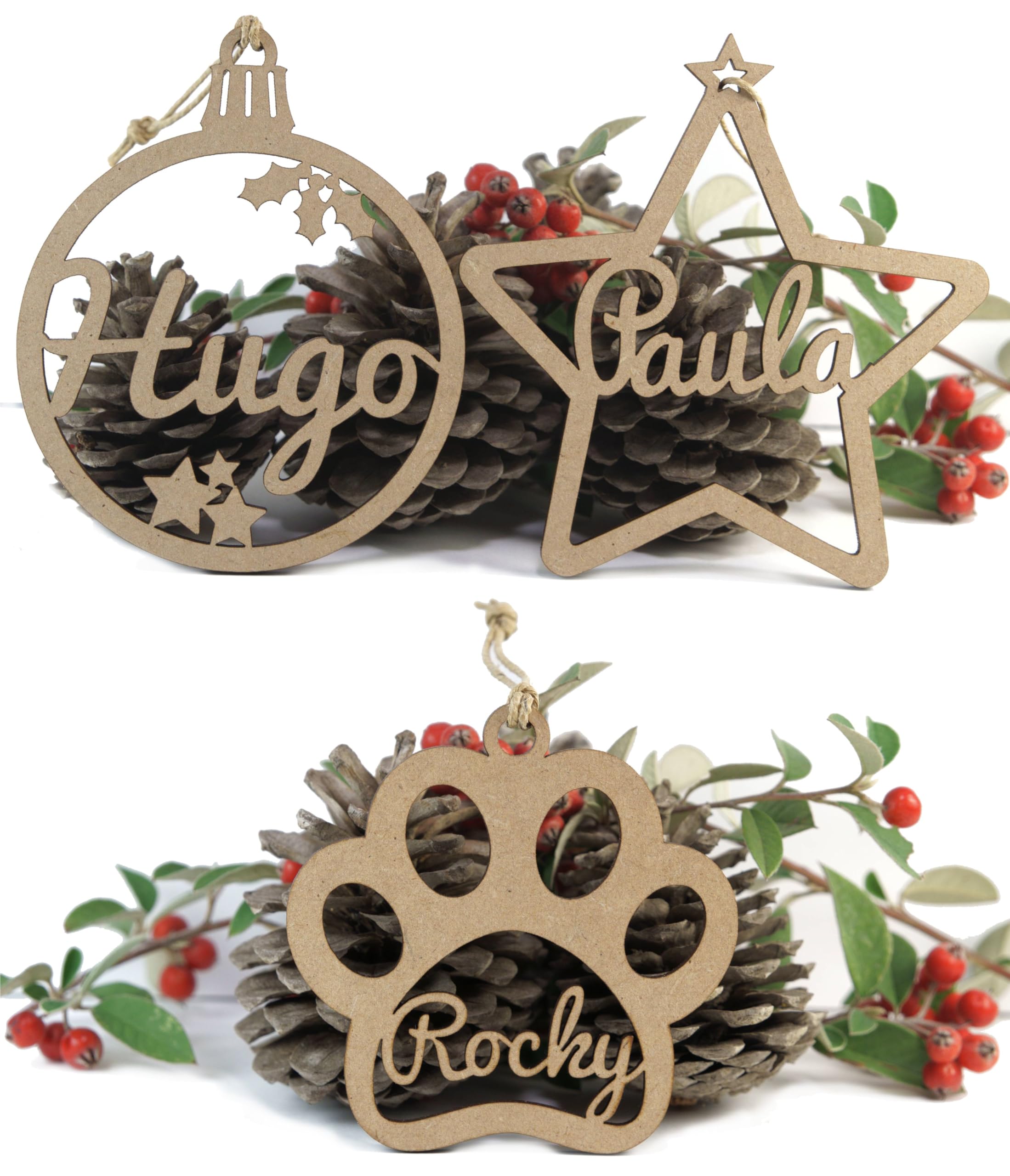 Bola de Navidad de madera personalizada con nombre para colgar en el árbol. Adorno navideño. Varios modelos.