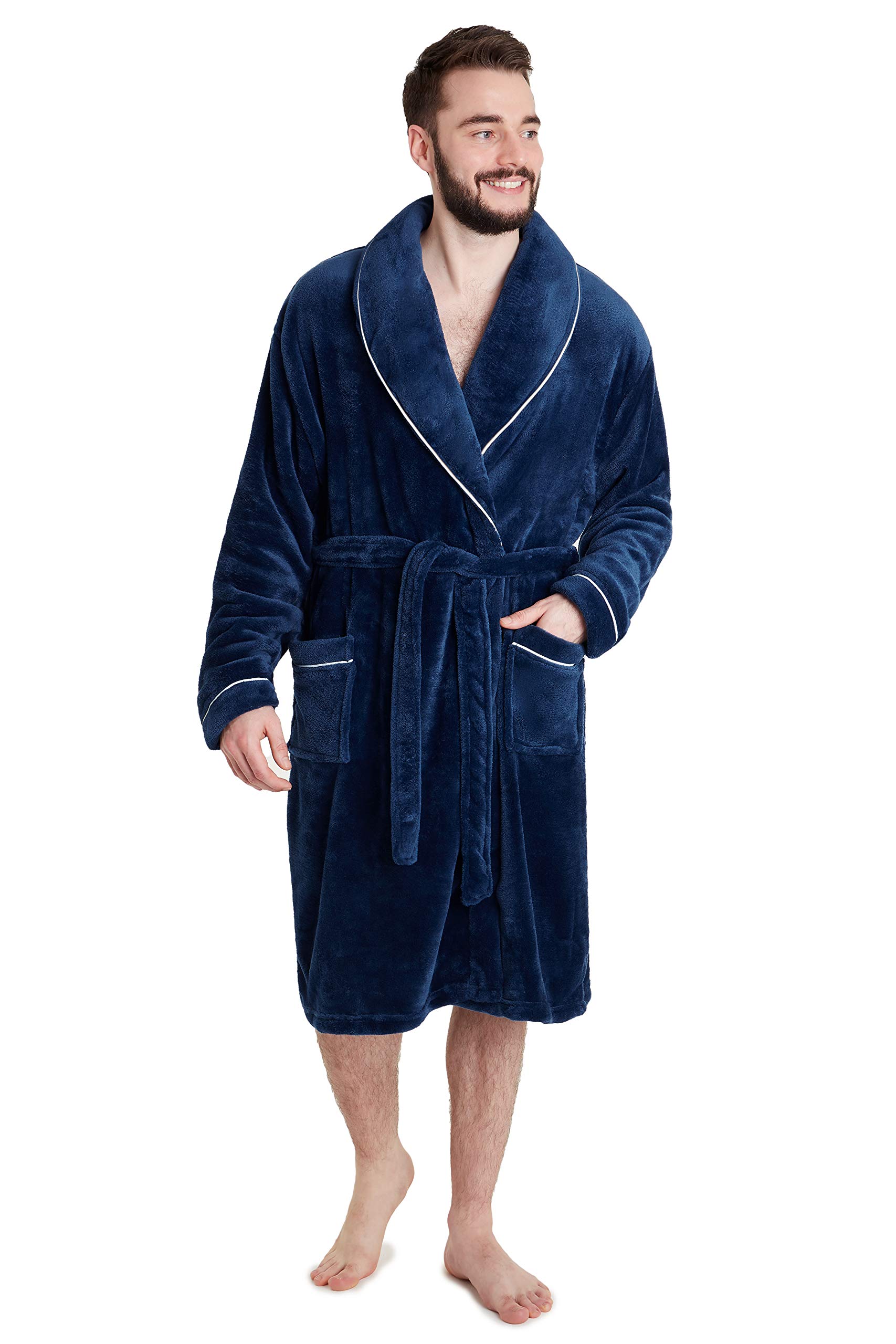 CityComfort Mens Dressing Gown, Shawl Collar or Hooded Bathrobe Super Soft Fleece Cosy Loungewear Adults Teens - Gifts for Him (M, Navy)