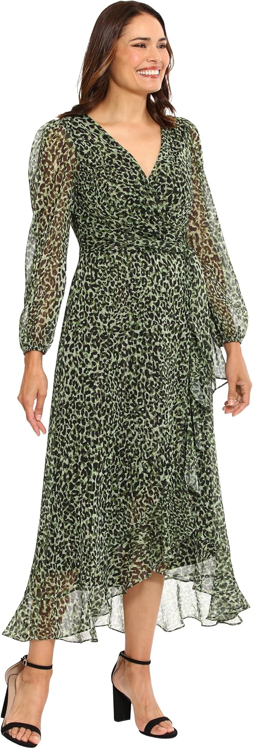 London Times Women's London Times Women's Dresses Chiffon Faux Wrap Ruffle Hem Maxi Dress Versatile Polished Feminine