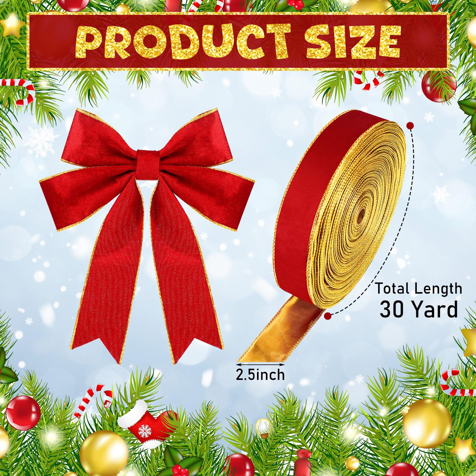 Yinder Weihnachts-Samtband, 6,3 cm, verdrahtet, goldene Kanten, doppelseitiges Band für Weihnachtsschleife, Urlaub, Geschenkverpackungen (91,4 m, Rot, Gold)