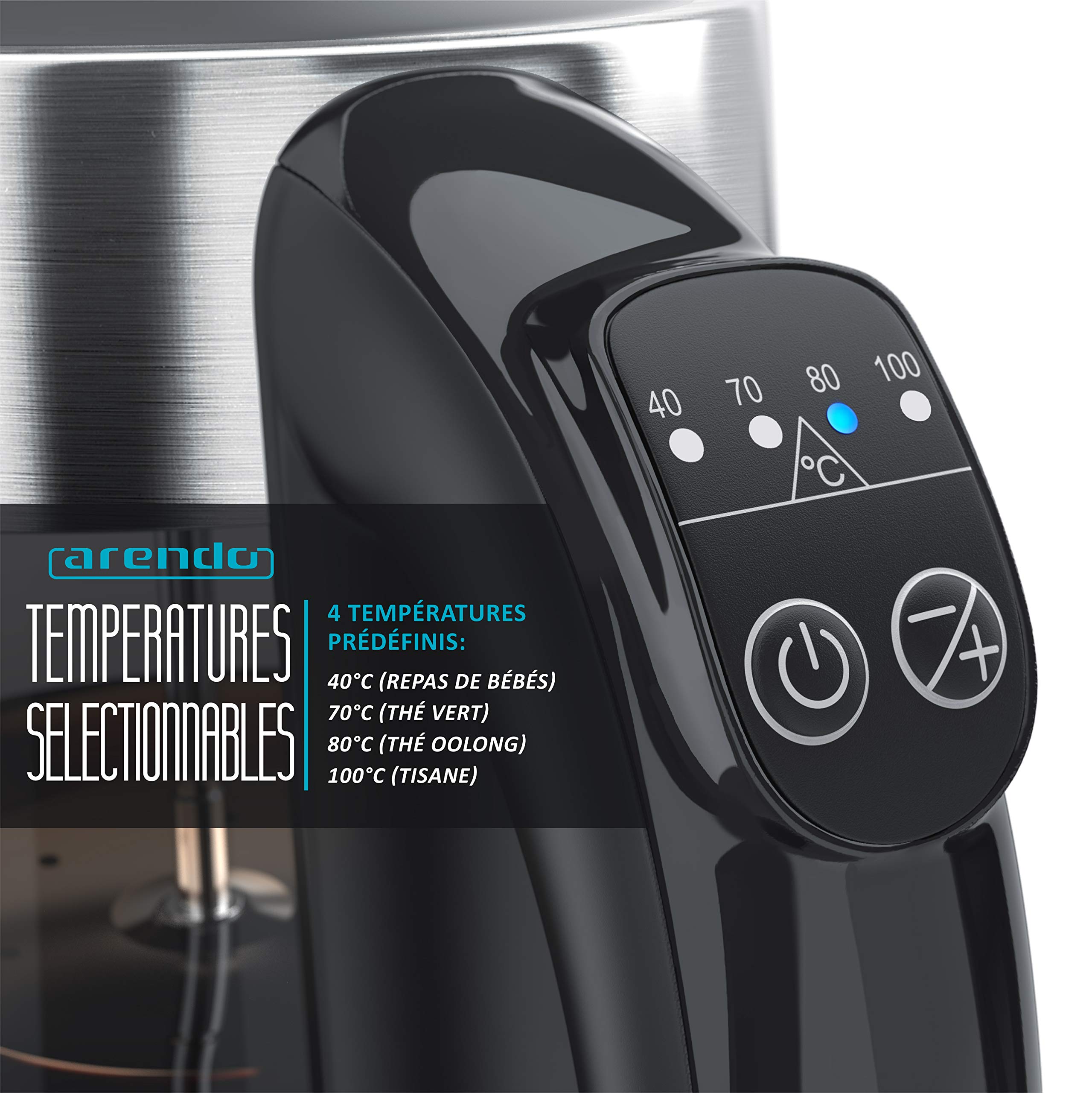 Arendo - Bouilloire électrique en verre avec réglage de la température et passoire à thé théière - Températures réglables 40 70 80 100 degrés - capacité de 1,7 litres - Arrêt automatique