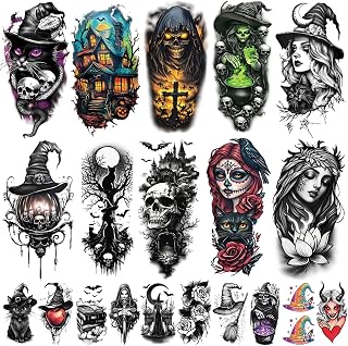 77枚 魔女 テンポラリータトゥー ハロウィン メイクアップキット 怖い ハーフアーム フェイクタトゥーステッカー 大人 女性 男の子 女の子