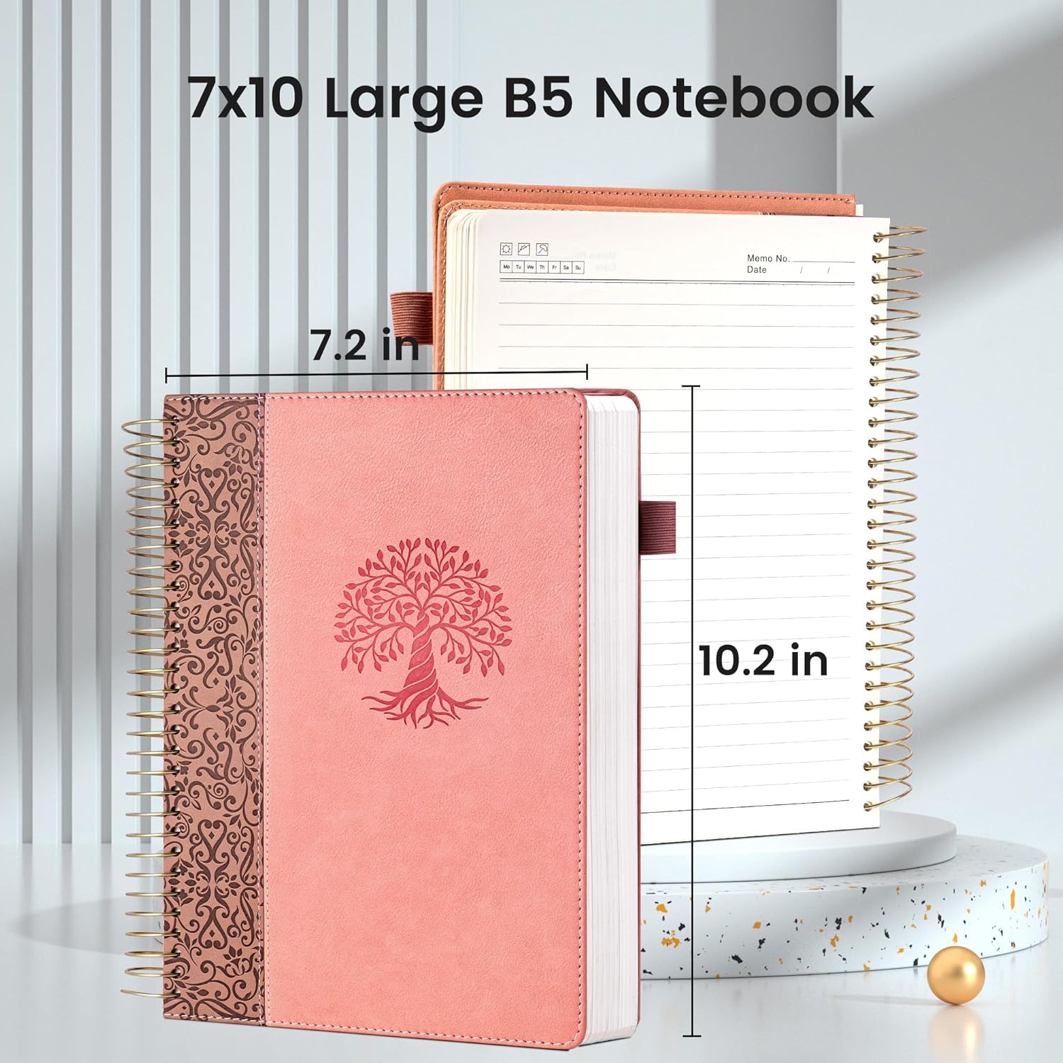 FLYING EAGLE Pink Spiral Notebook 7X10 Leather Journal for Women Men Large Notebooks for School Office, Wide Ruled Journals for Writing Lined Notebook 300 pages with Pen, Pockets, Gift Box - Image 3