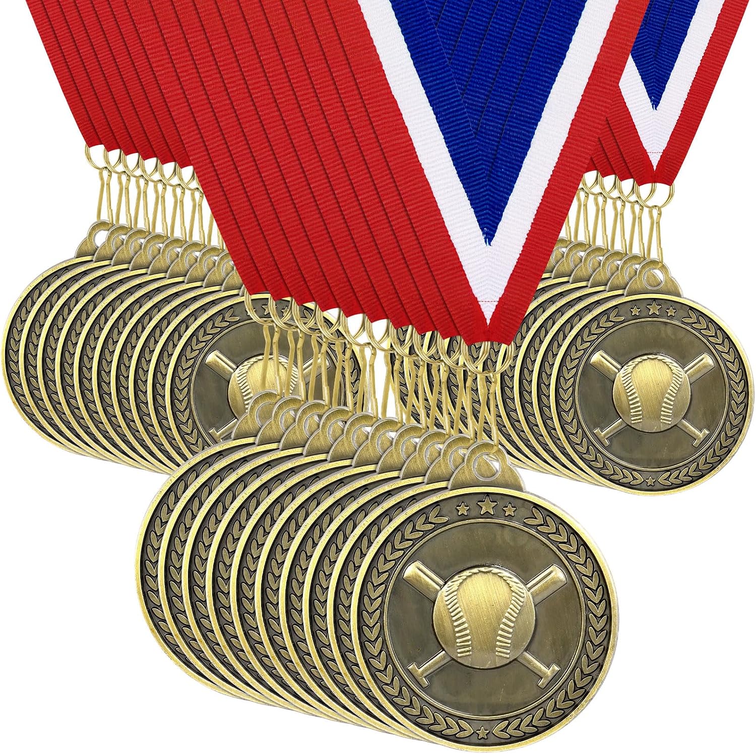 30 Pcs Baseball Medals for Teens, 2" Gold Winner Award Medals with Red White Blue Neck Ribbons, Zinc Alloy Metal Medals for Little League, School Tournaments & Team Party Favors