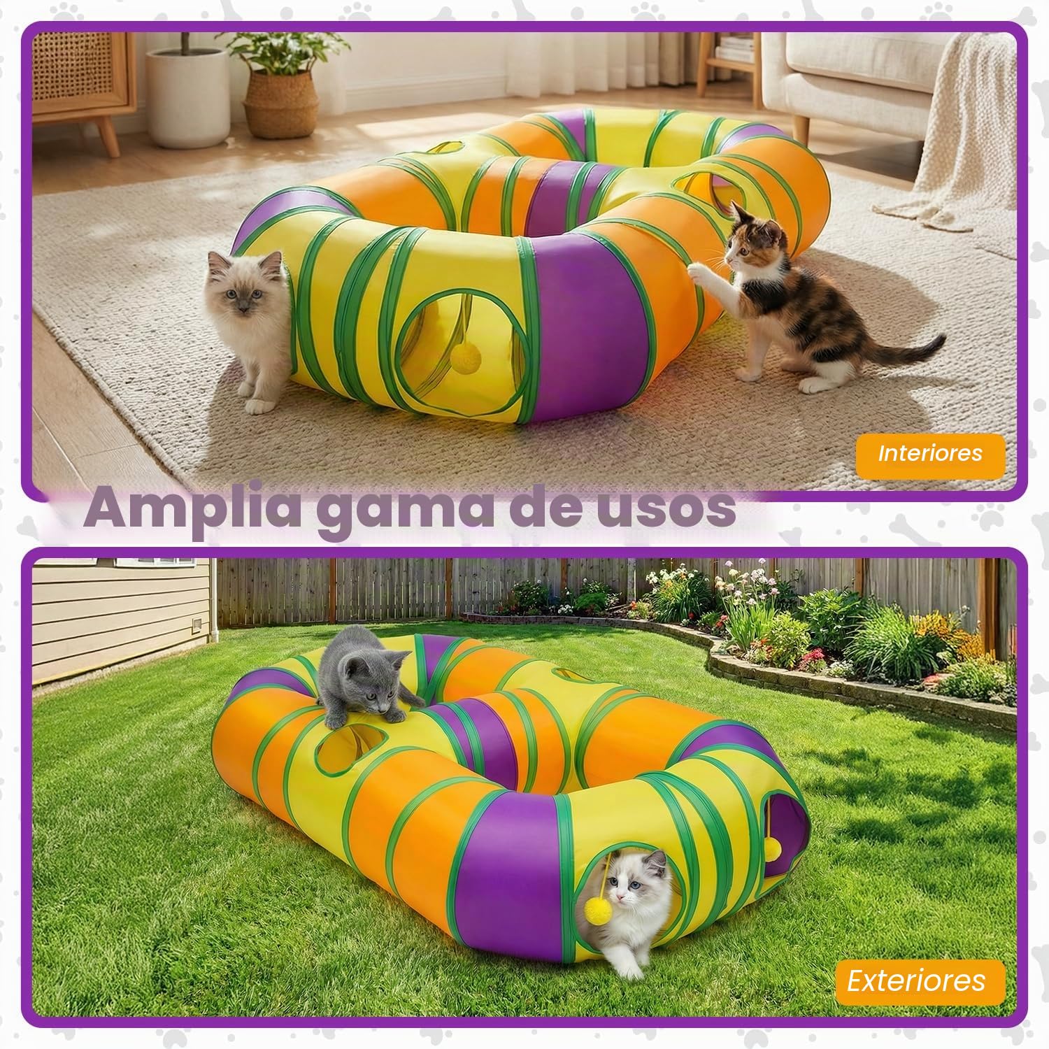Túnel para Gatos de Interior con Forma de 8, túnel de Juguete para Mascotas con Pompones Colgantes y Agujero Interactivo para Gatitos, Cachorros, Conejos, Hurones y cobayas