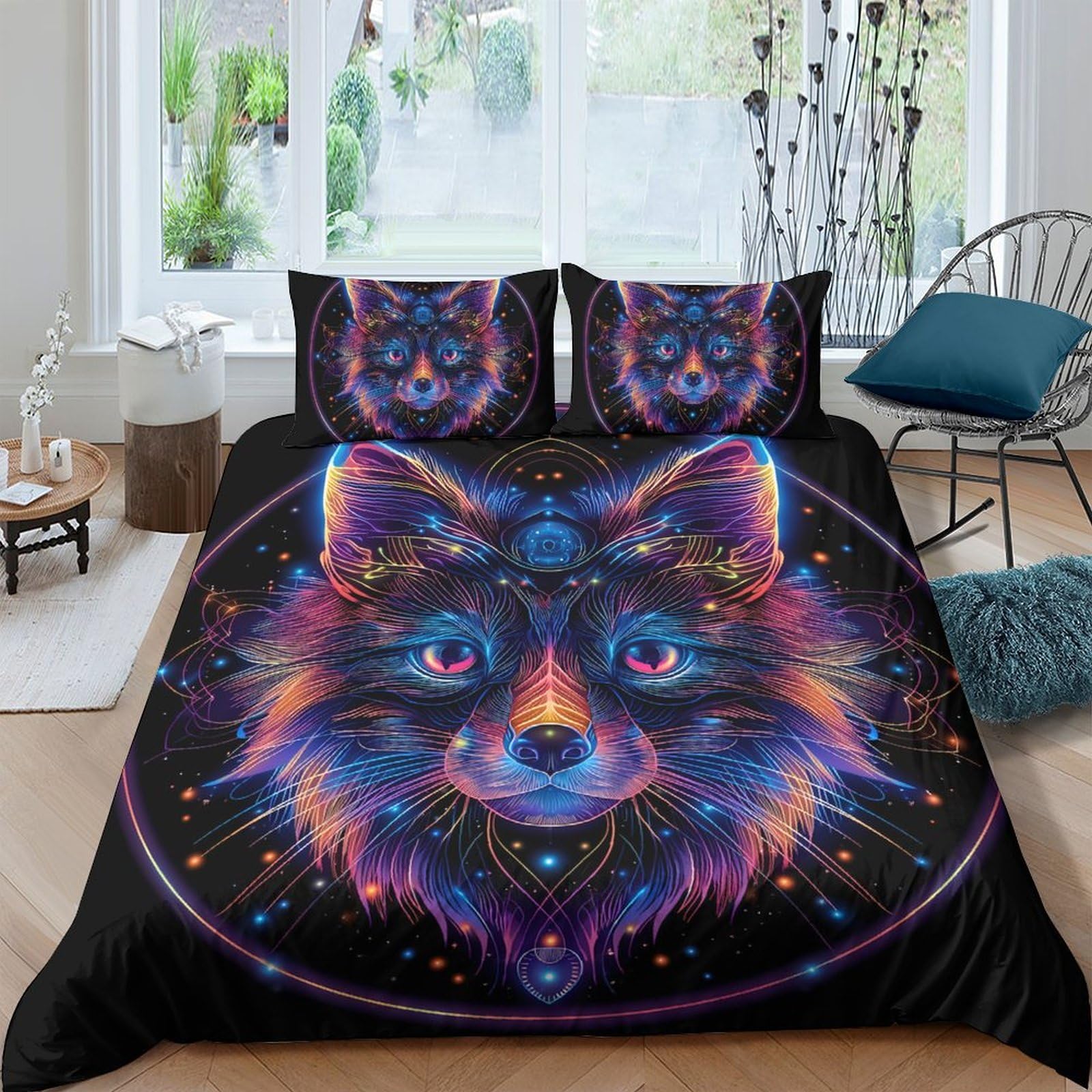 GPLZQXKJNH 3D Printed Wolf Duvet Cover Microfiber Soft Breathable Galaxy Bedding Set with 2 Pillowcases for Bedroom Decor Single（135x200cm）