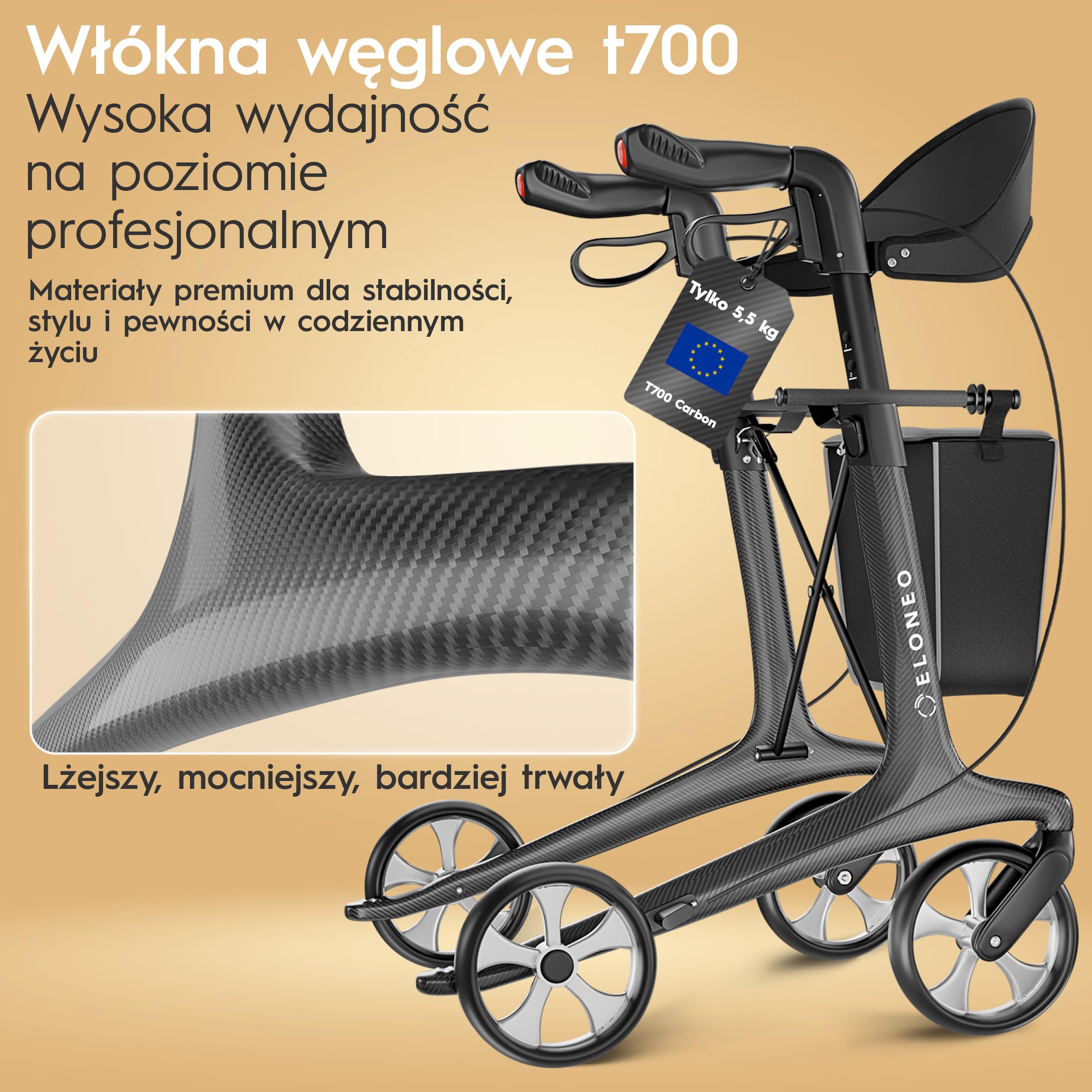 Rollator węglowy składany lekki z siedziskiem, ultralekki rollator podróżny 5,5 kg, balkonik dla seniorów z 9-stopniową regulacją wysokości, składana pomoc do chodzenia, z torbą