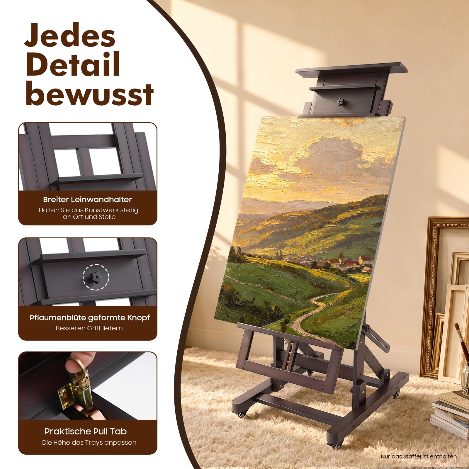 Professionelle Holz Staffelei Groß (140-300 cm Höhenverstellung) mit 4 Lenkrollen, Stabile H-Ständer Design für bis 10kg - Universal Staffelei Holz für Künstler, Kinder, Atelier (Schwarznussfarbe)