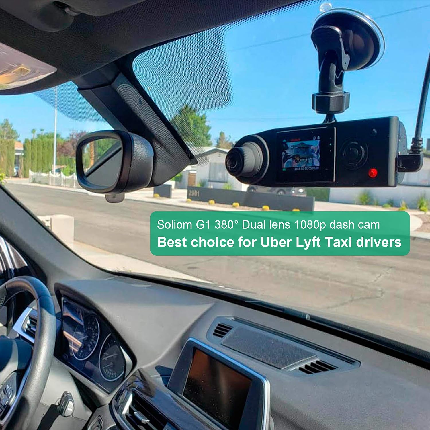 SOLIOM G1 380° Full Angle Car Dash Camera, Dual 190° Ultra Wide Angle Front and Inside Cabin Full HD Dashboard Camera