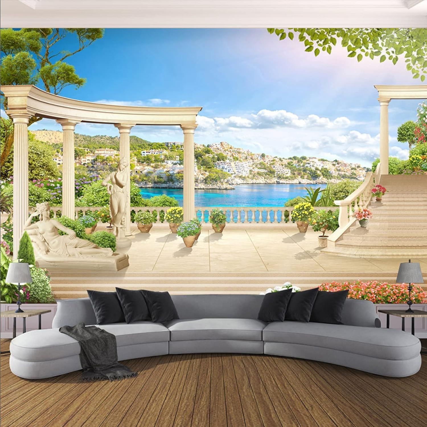 Papier Peint Balcon Vue Mer 3D pour un Salon Lumineux et Moderne