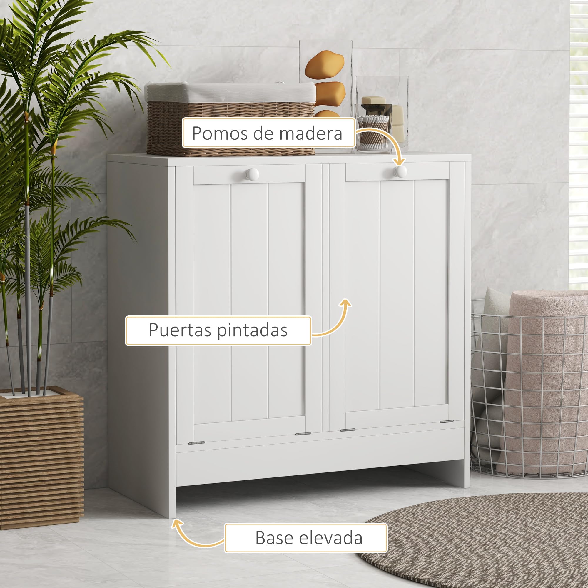 kleankin Armario de Baño con Cestos Ropa Sucia Blanco 66x33x68 cm | Mueble Ropa Sucia, 2 Compartimentos, Ideal para Lavandería