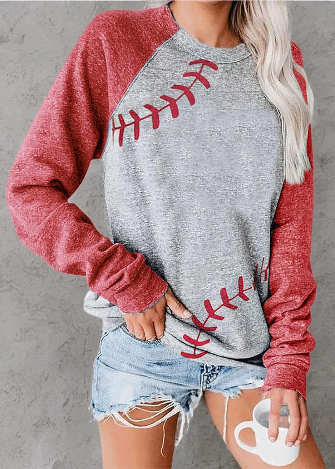 Womens Baseball Shirt Long Sleeve Raglan Sleeve Crewneck Sports Loose Baseball Printed Patchwork Top - Image 9