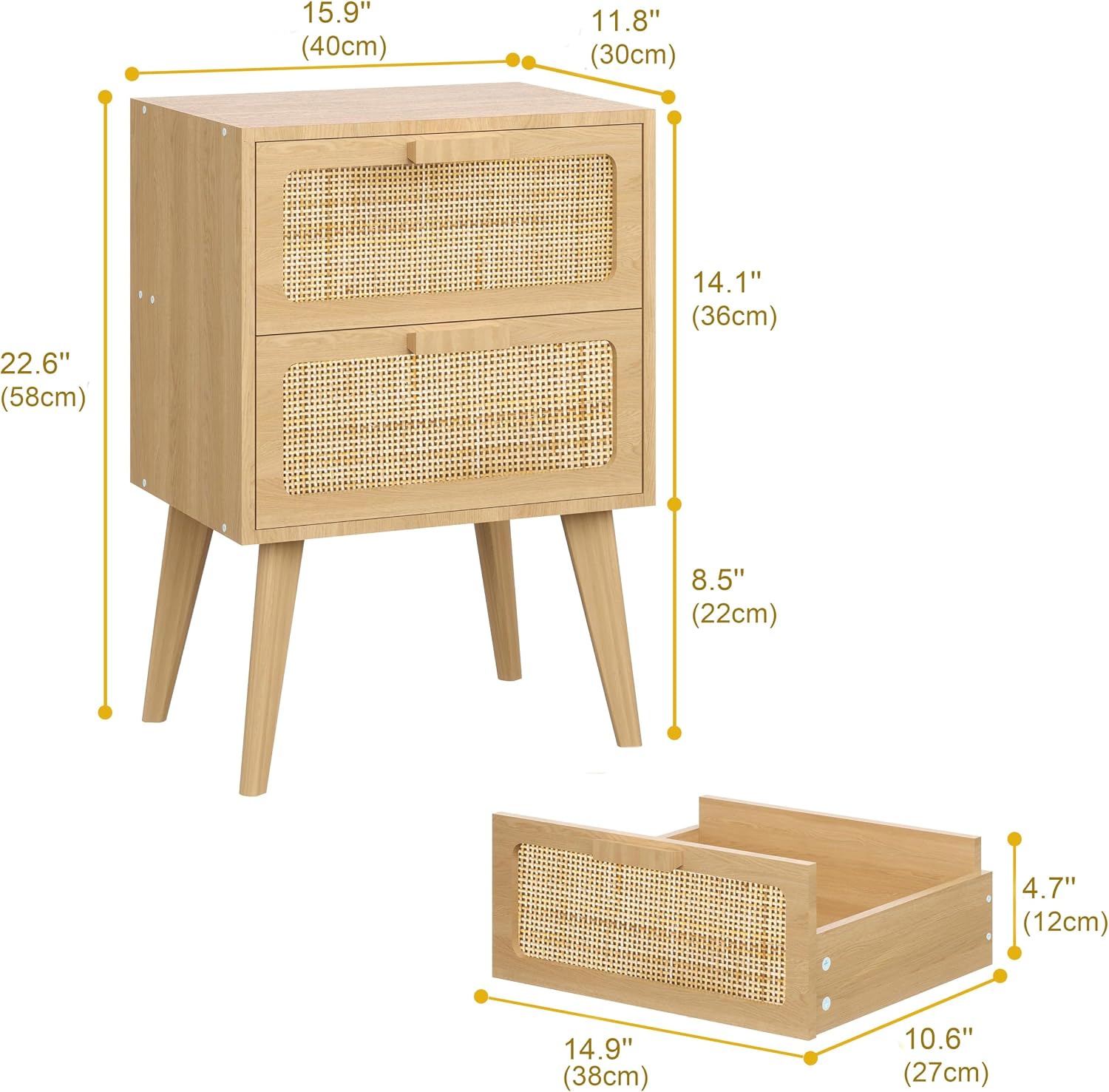YAUKOMEL DECTG59Y Rattan Bedside Table, Wooden End Table, Side Table with 2 Hand Made Rattan Decorated Drawers, Boho Bedside Table, Wood Accent Table with Storage for Living Room, Bedroom, Natural image 3
