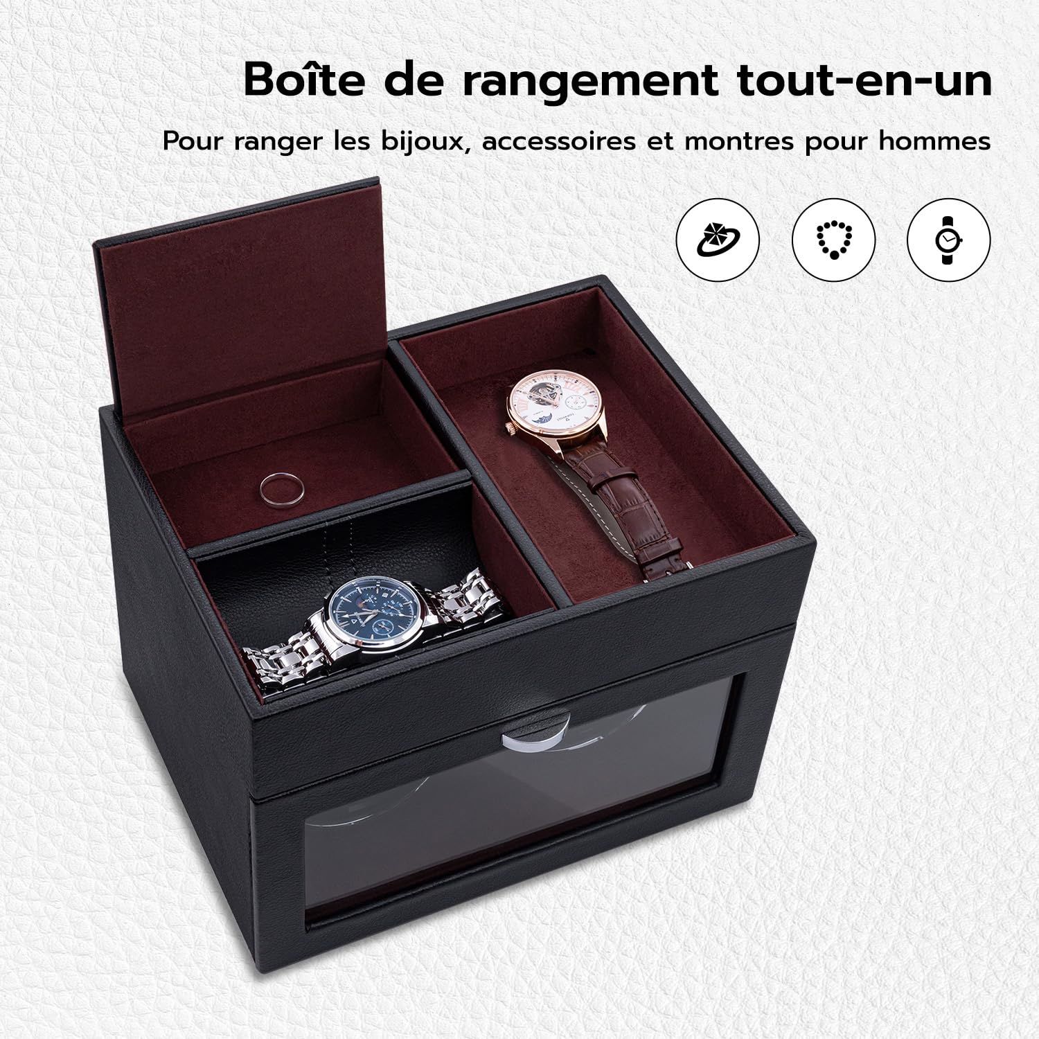 Mcbazel Multifonctionnel Remontoir de Montre pour 2 Montres, Montres Automatiques Affichage LED Lumière Boîte de Rangement de Bijoux avec Moteur Silencieux 1 Mode de Rotation- Vin Rouge