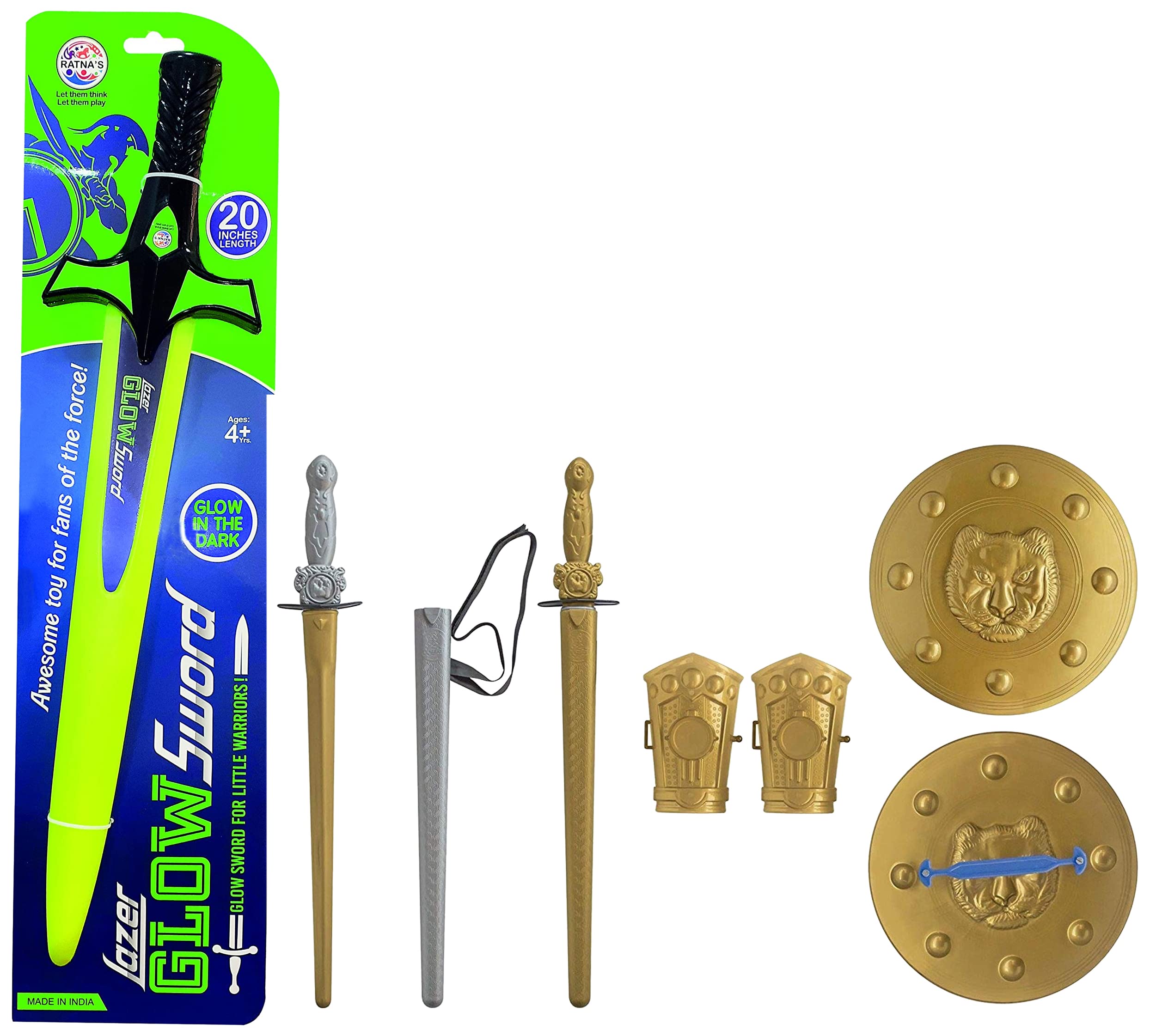 RATNA's Plastic Mighty Sword Set With Guards For Kids (1 Sword-55 Cm, 1 Sword Cover, Waist Belt,2 Arm Guards And 1 Guard) & Glow In The Dark Lazer Glow Sword For Kids Green