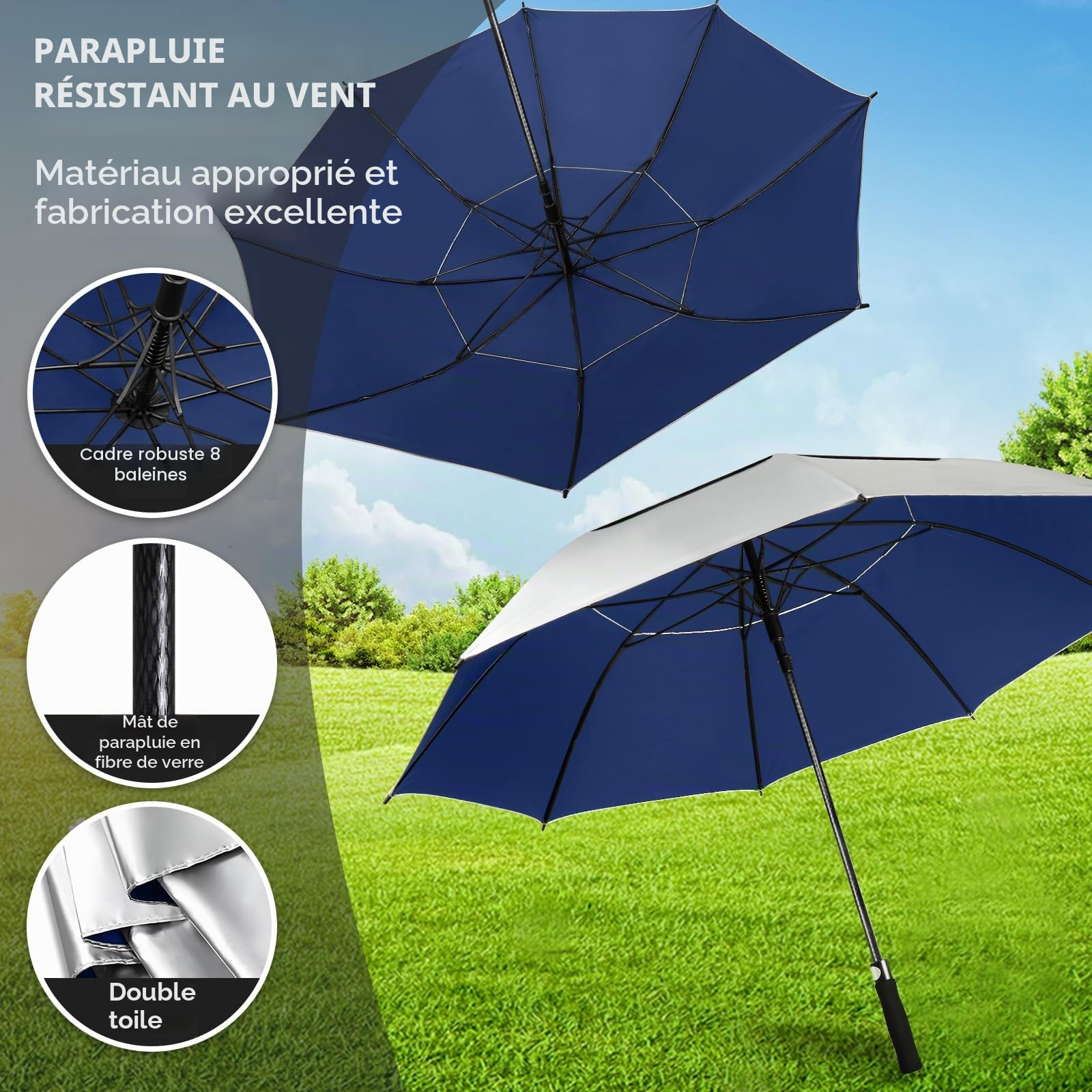 ZOMAKE Parapluie de Golf 62 Pouces XL UPF 50+ UV Double Canopée Anti Tempête Automatique Argent Bleu Marine
