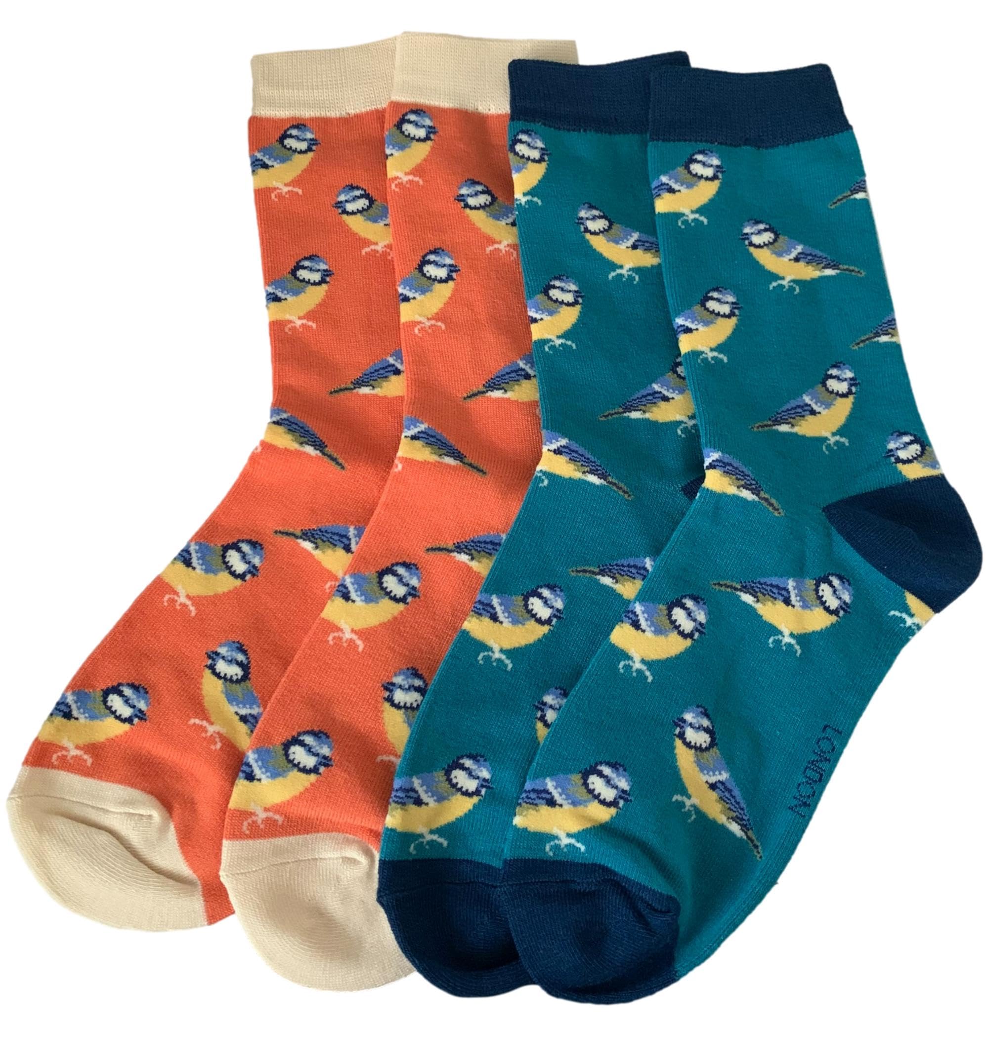 Purple Possum® Bird Socks Ladies Blue Tit Birds Bamboo Cotton Blend Shoe Size 3-7 Womens Novelty Socks (2 Pack Orange and Blue)